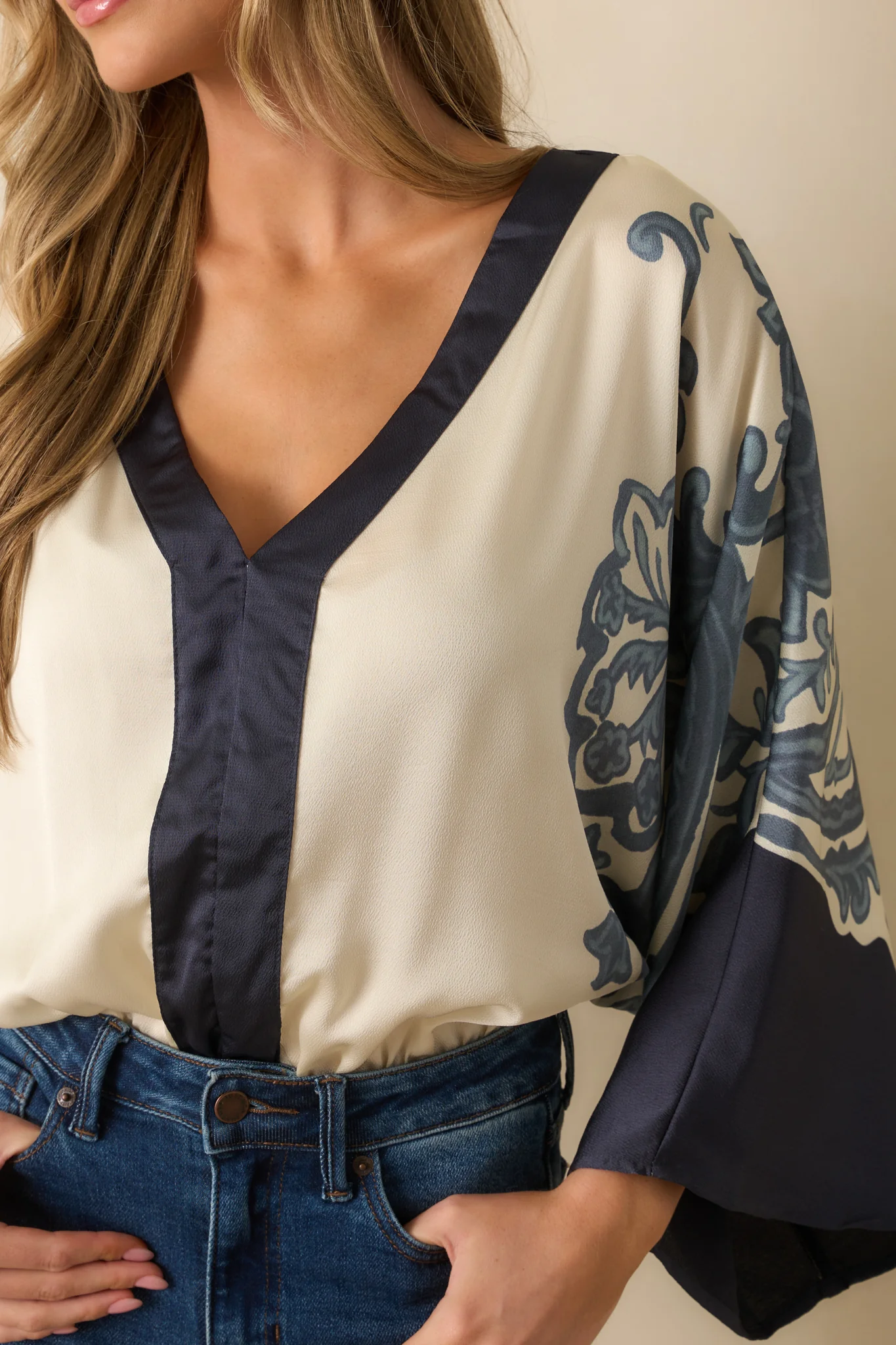 Navy Multi-Print Contrast Trim Kimono Sleeve Bodysuit