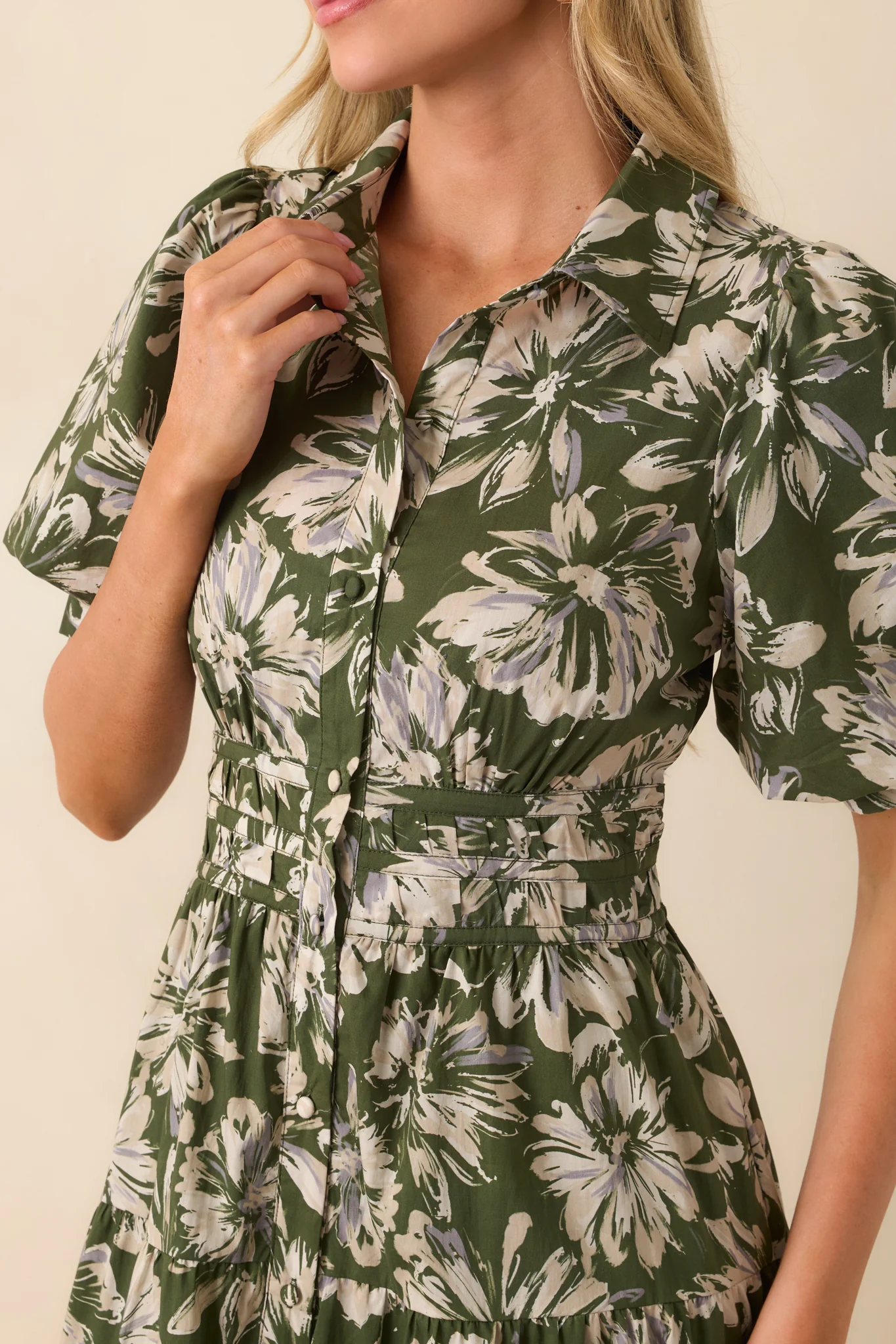 Slow Sundays Olive Green Floral Print Cotton Maxi Shirt Dress