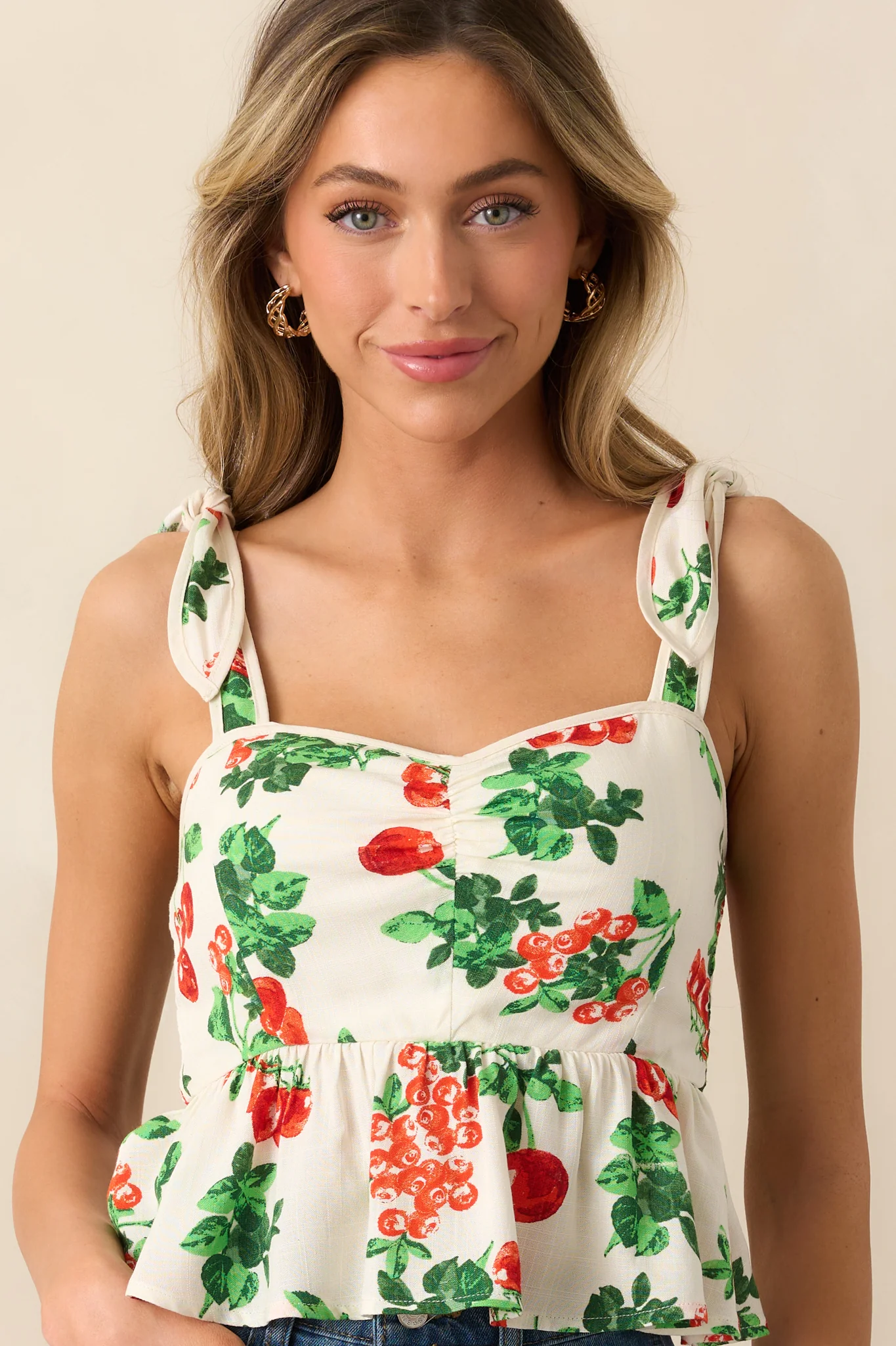 Nothing Like It Ivory Tomato Vine Print Peplum Crop Top