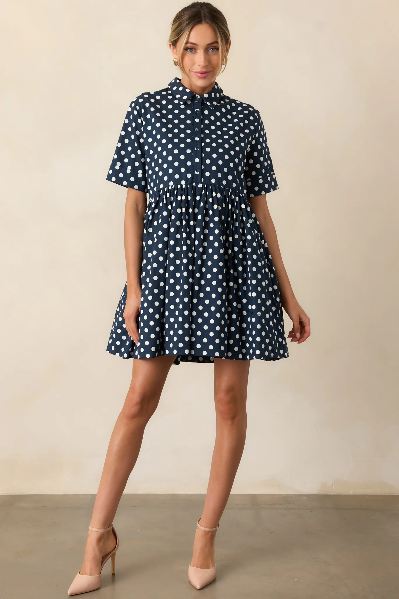 Prosperina Piper Navy Polka Dot Cotton Mini Dress