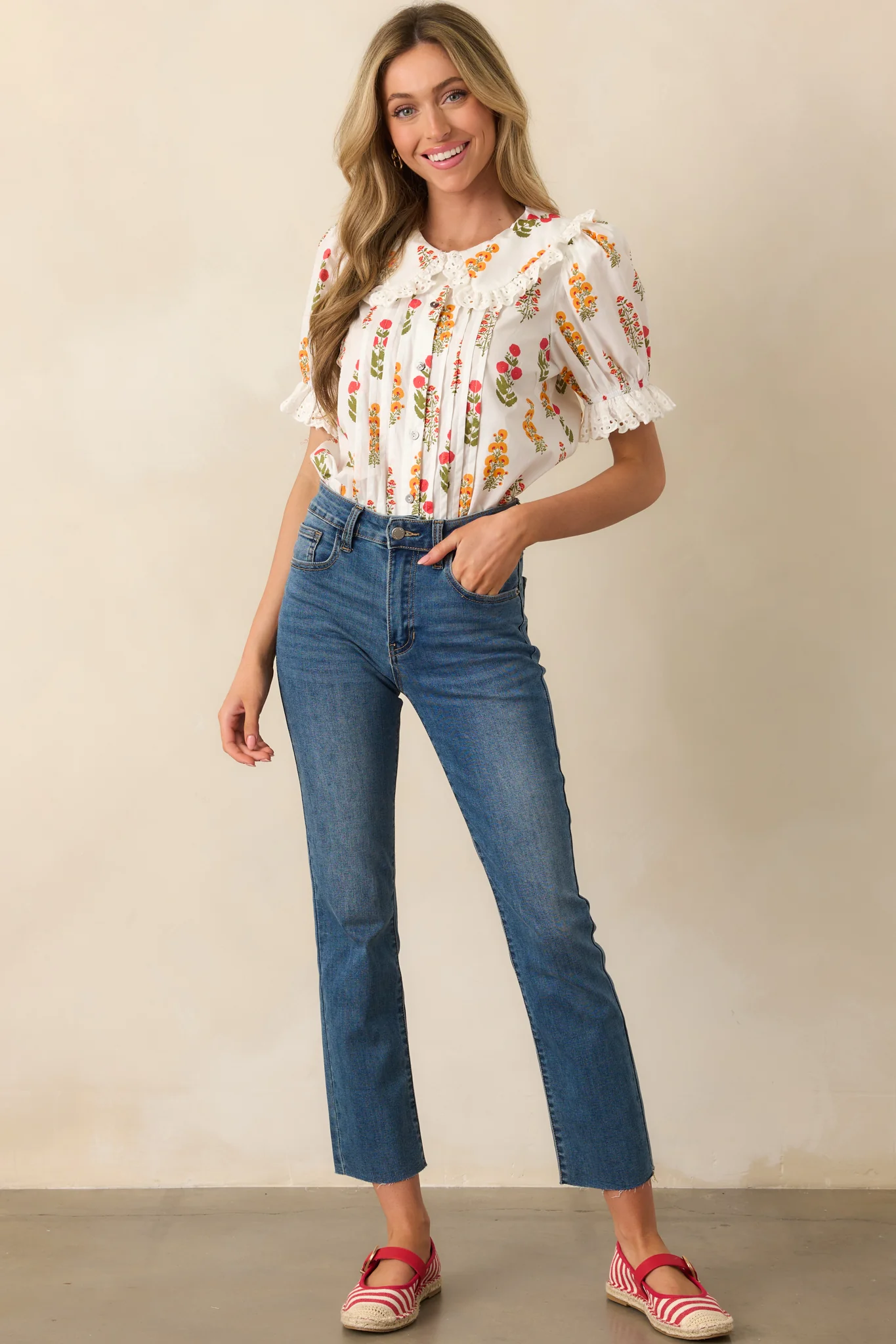 Some Things Take Time Red Floral Cotton Button Front Top