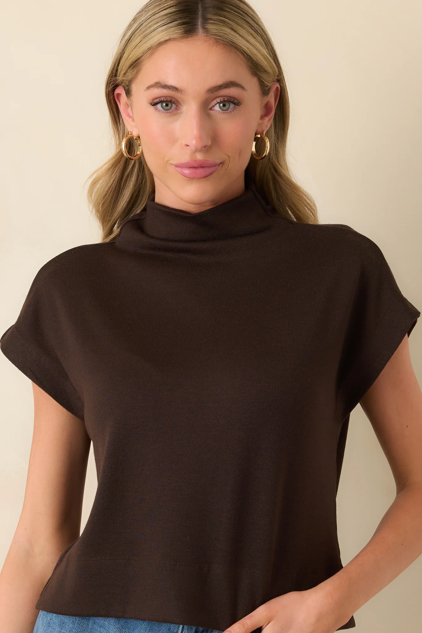 Plans Are Made Chocolate Brown Relaxed Mock Neck Cap Sleeve Top