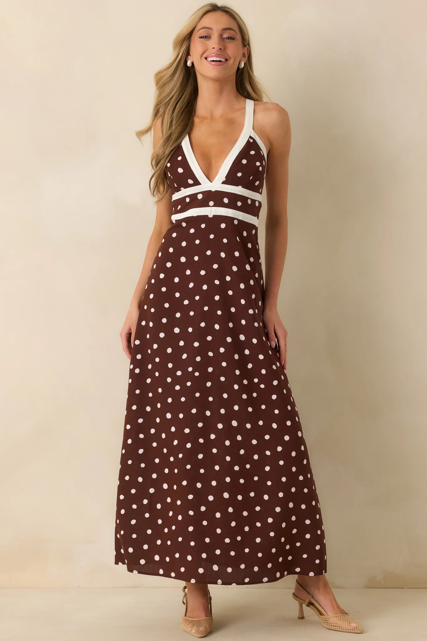 MINKPINK Chocolate Brown Polka Dot Cedar Spot Cross Back Maxi Dress