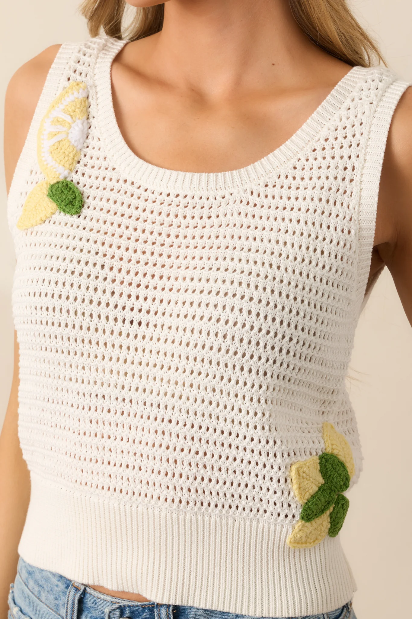 Out Of Office Ivory Cotton Lemon Crochet Knit Tank Top