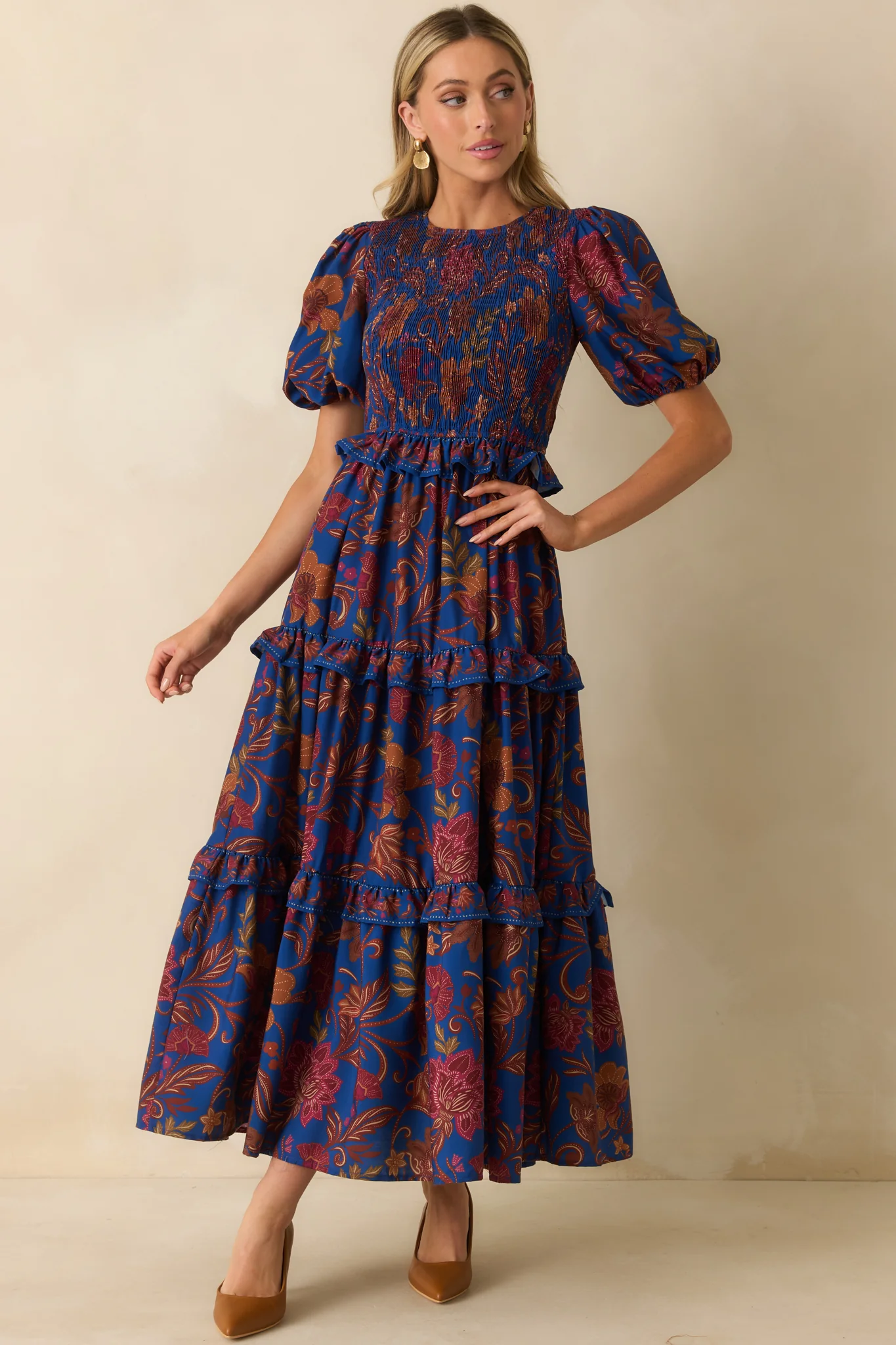 Navy Multi Floral Print Puff Sleeve Maxi Dress