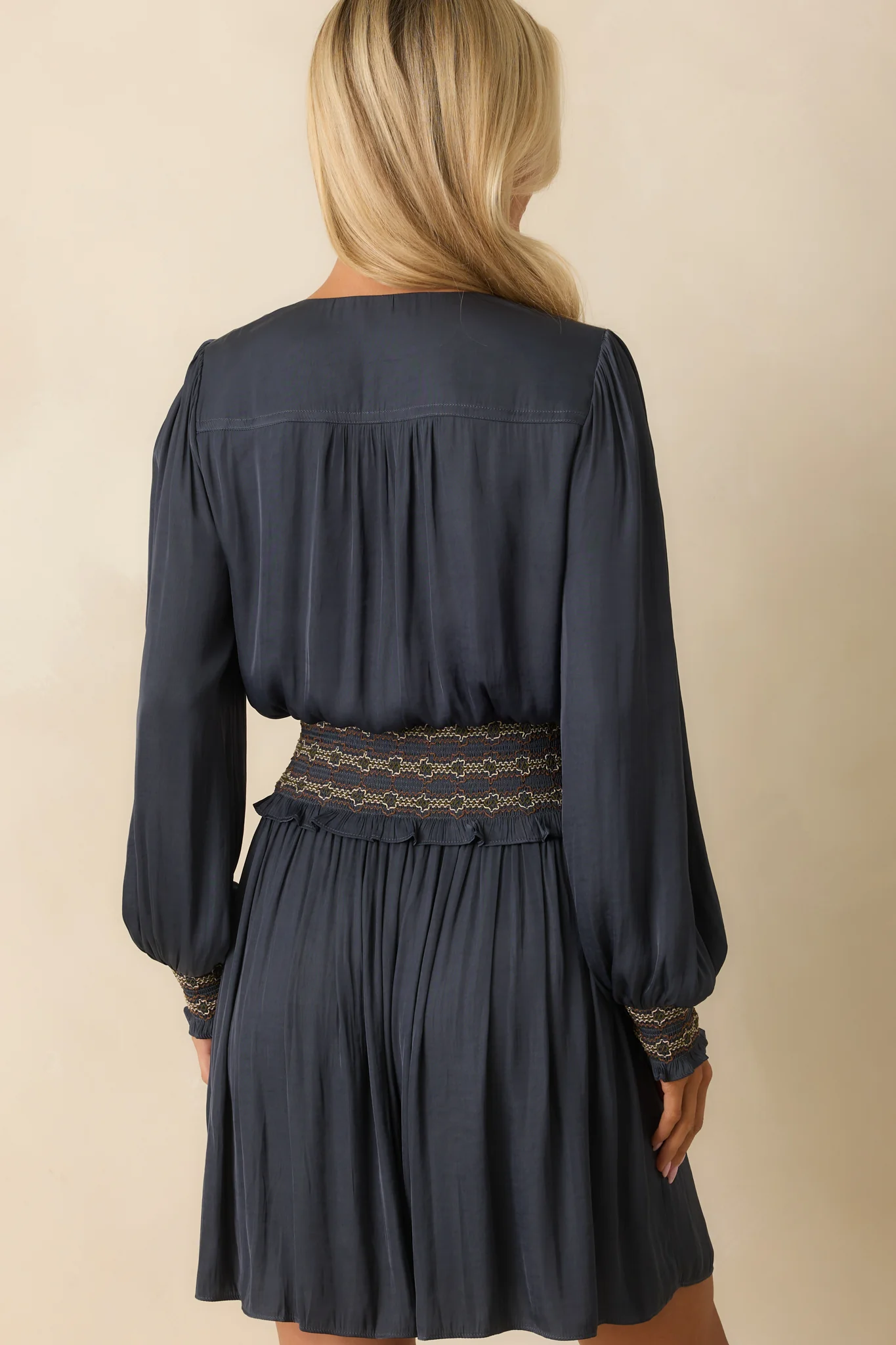 Navy Satin Long Sleeve Smocked Waist Mini Dress