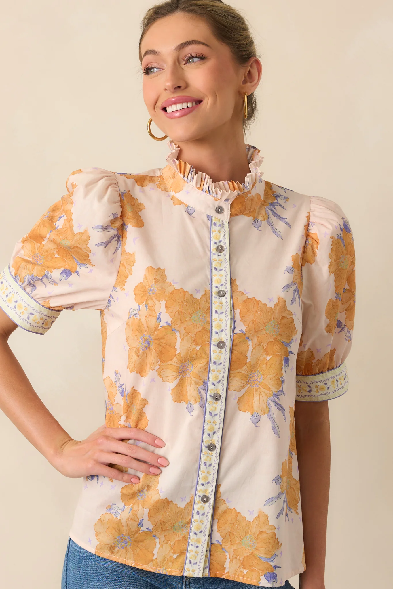 Lingering Memories Honey Yellow Floral Cotton Button Front Top