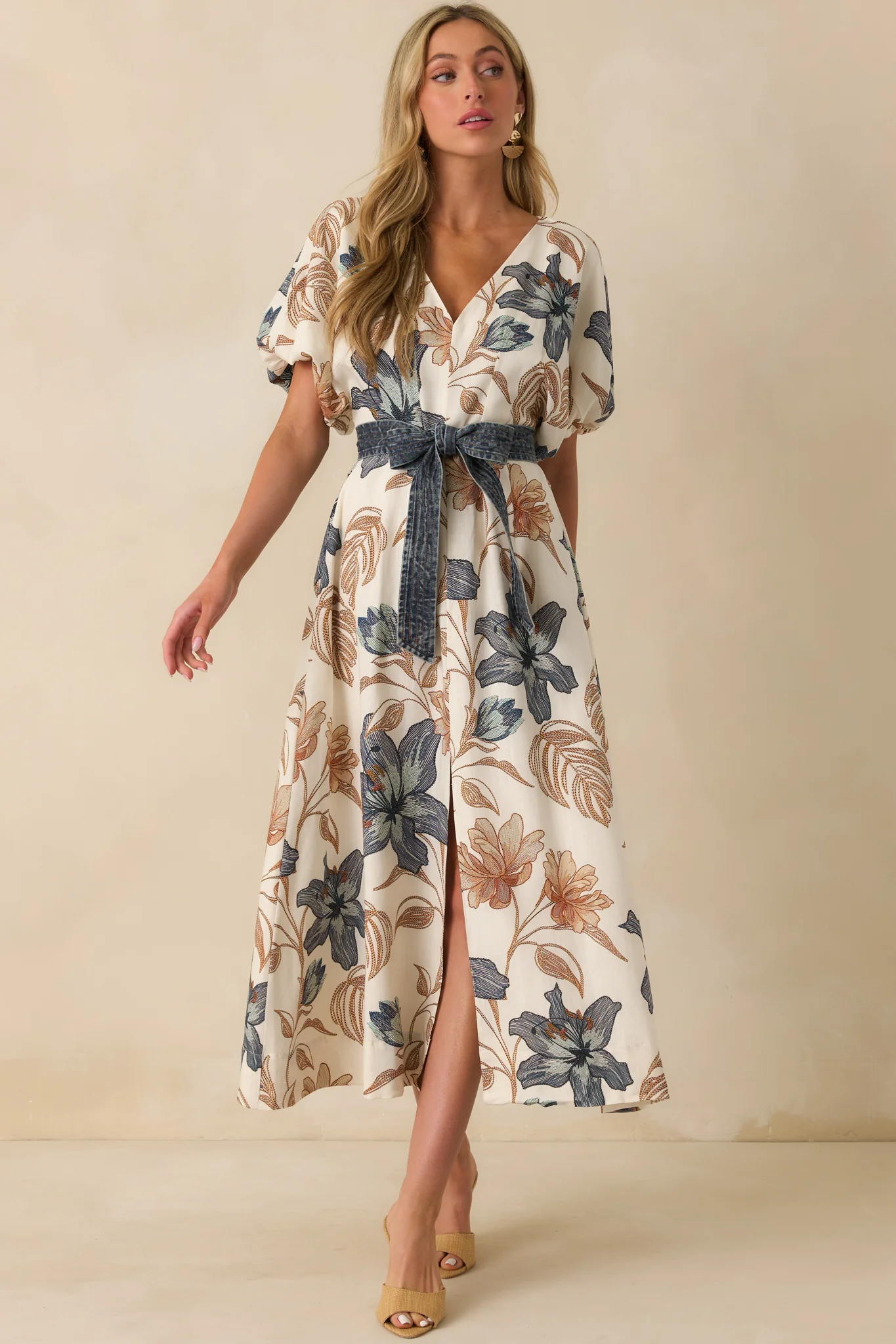 Aylaya Ivory Multi Floral Print Linen Blend Sorrento Maxi Dress
