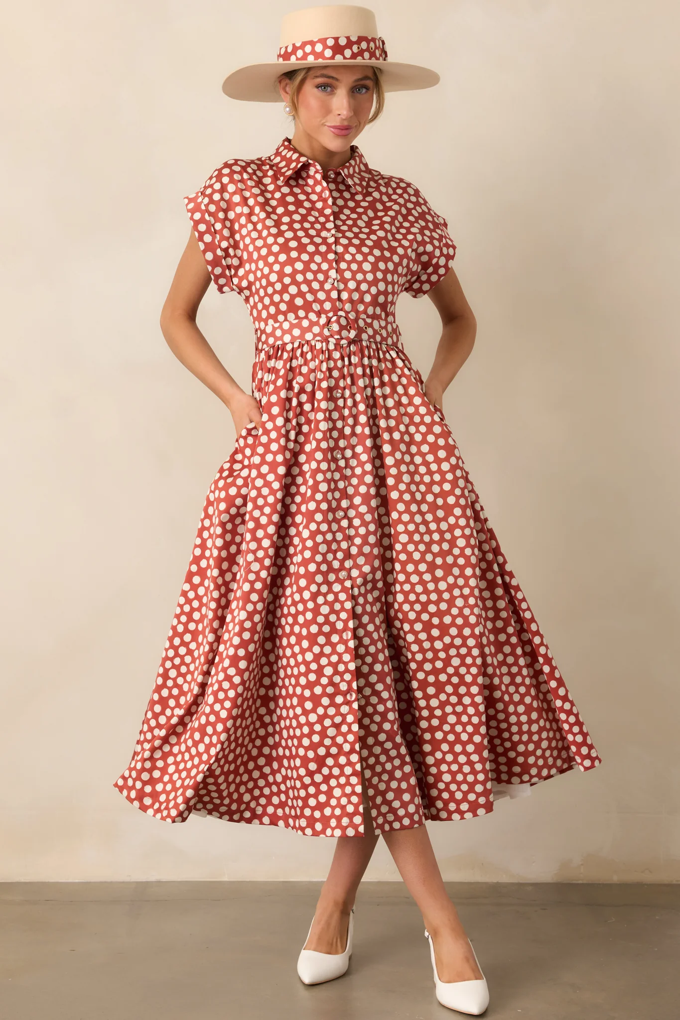 Prosperina Jocelyn Brick Red Polka Dot Cotton Maxi Dress