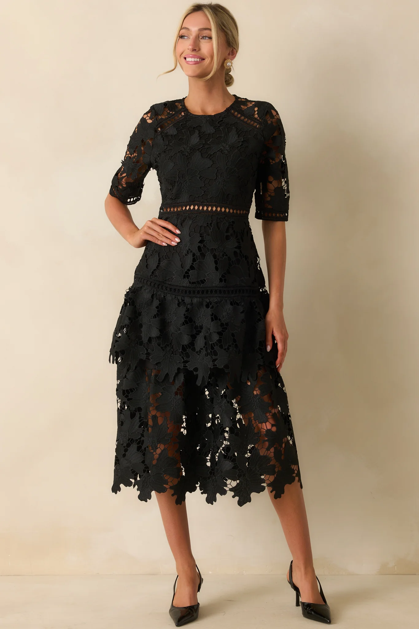 There's Nothing To It Black Lace Tiered Midi Dress