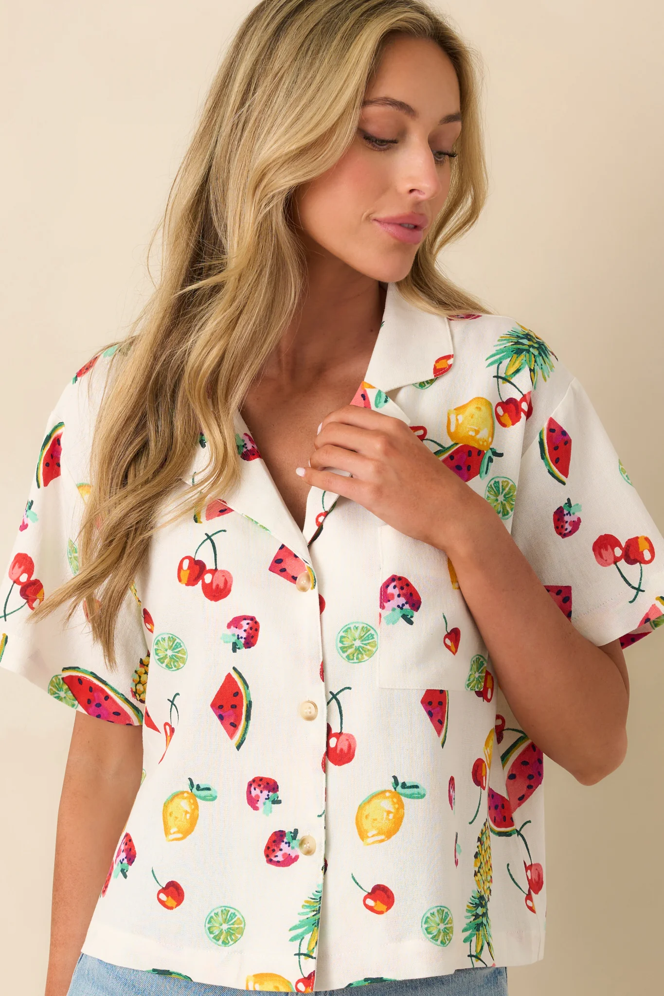Just Like Before Ivory Multi Fruit Print Button Front Top