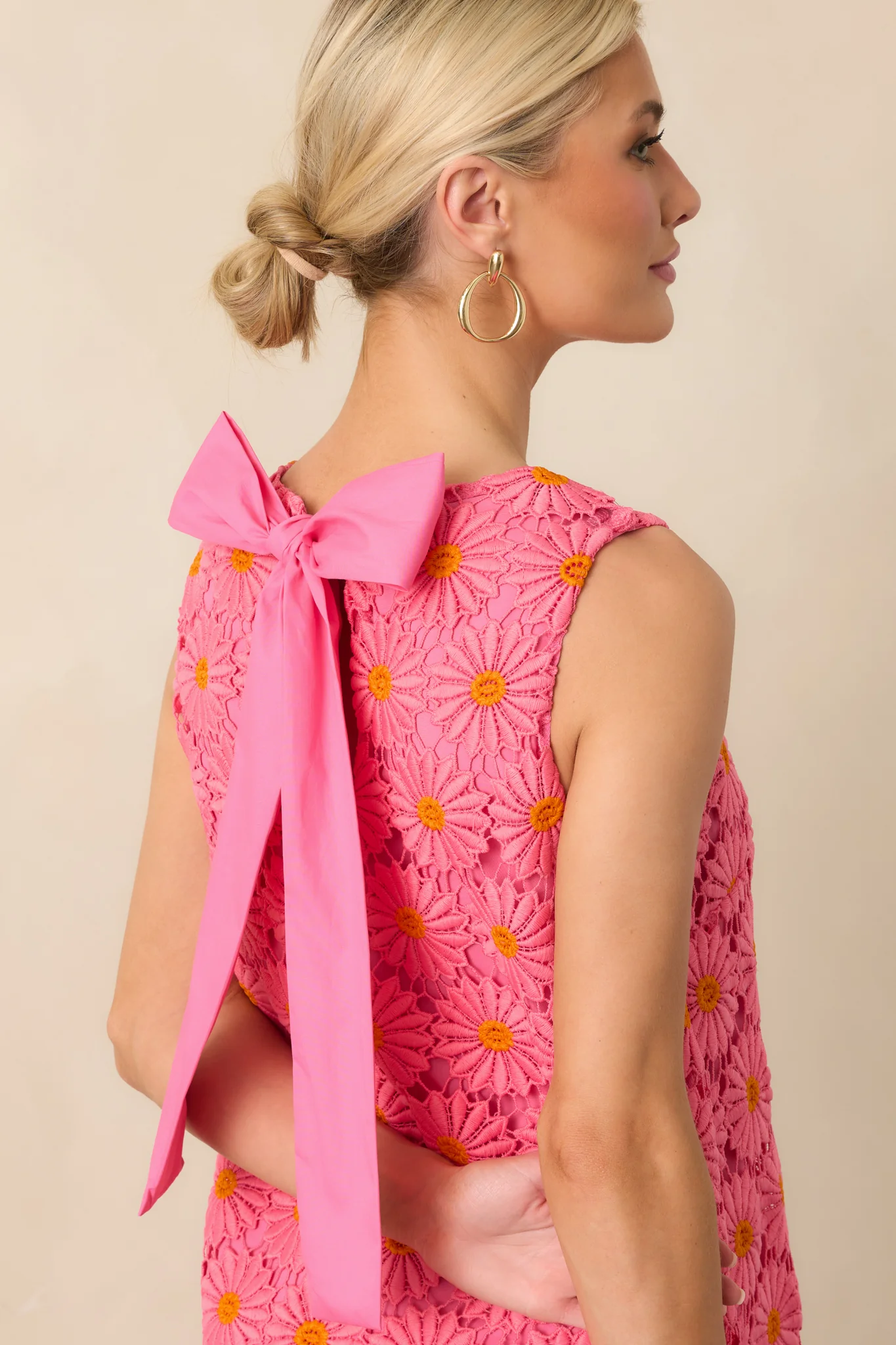 Only The Finest Hot Pink Floral Embroidered Lace Bow Back Mini Dress