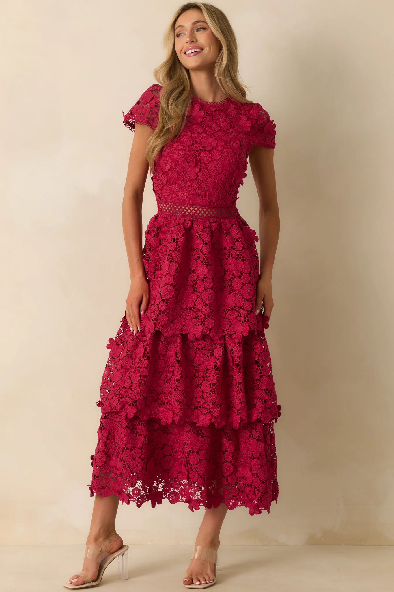 A Matter Of Time Red Floral Guipure Lace Tiered Maxi Dress
