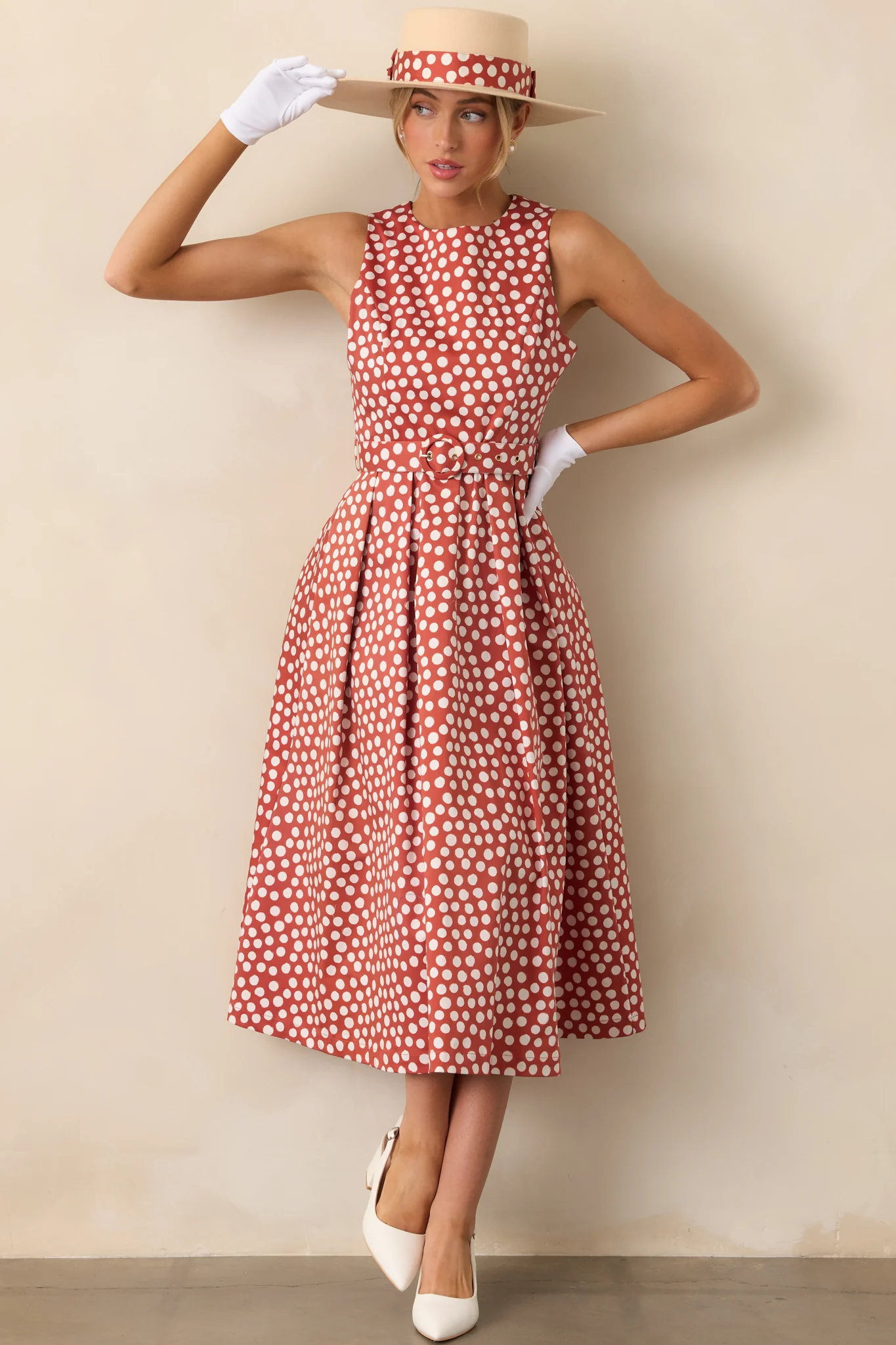 Prosperina Ava Brick Red Polka Dot Cotton Midi Dress