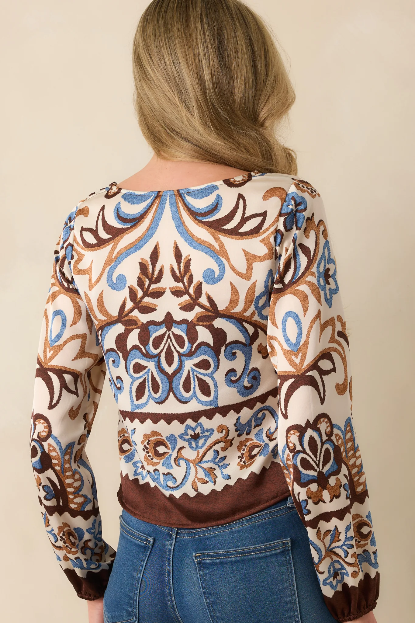 It'll All Make Sense Ivory Multi Print Satin Long Sleeve Top