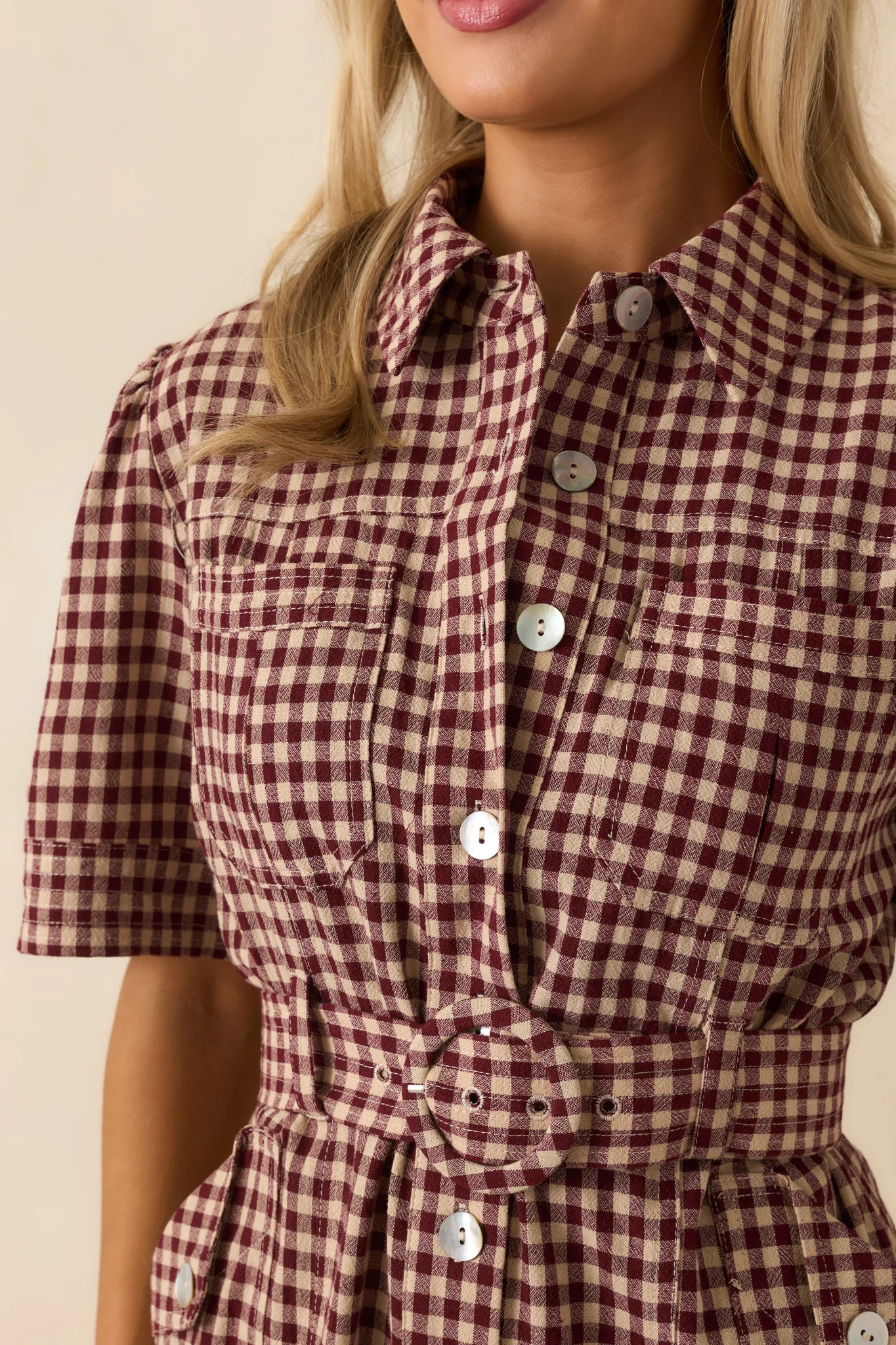 I Hope You Know Burgundy Gingham Cotton Mini Shirt Dress