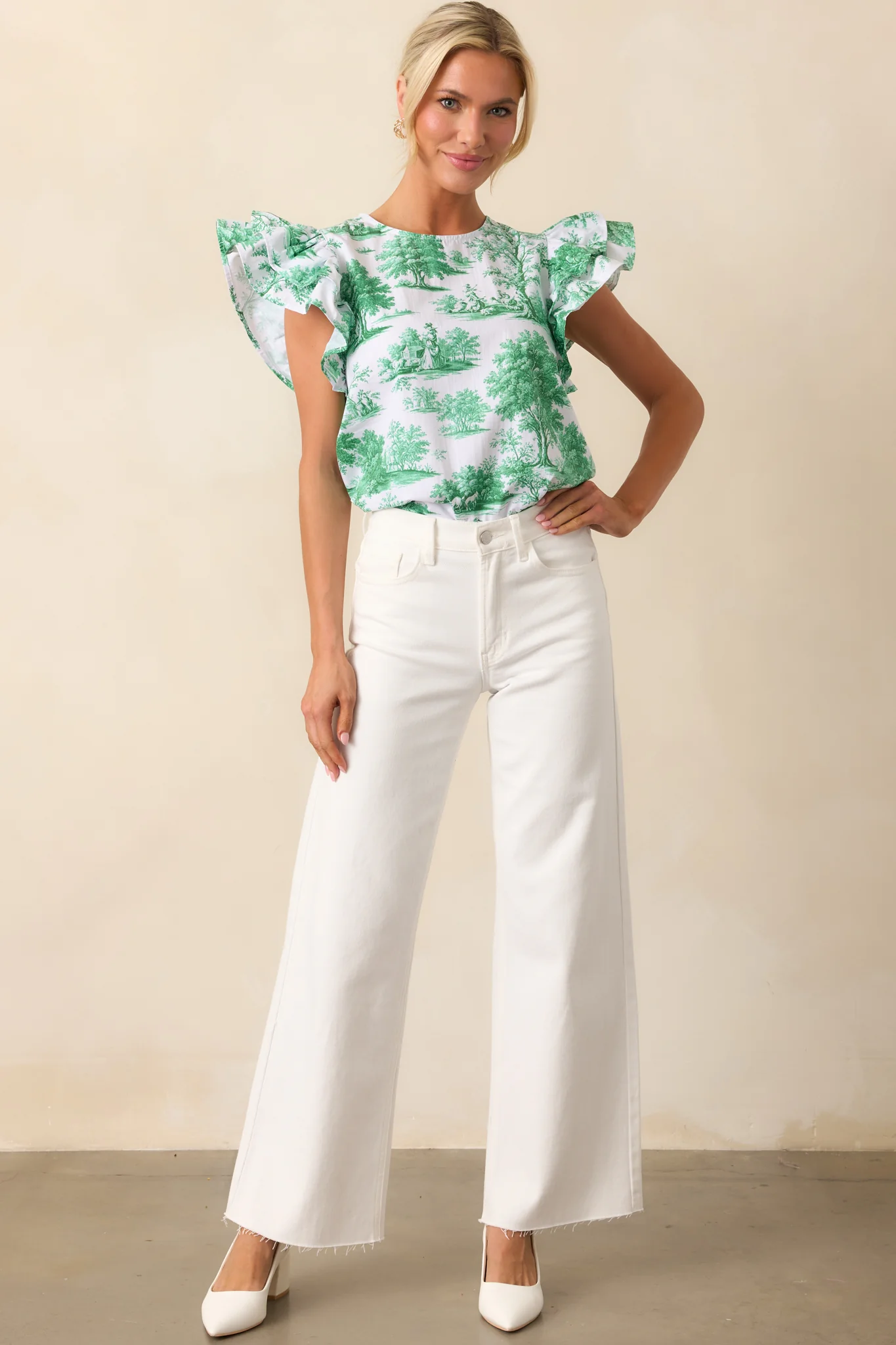 Avery Eden Green Toile Cotton Ruffle Top