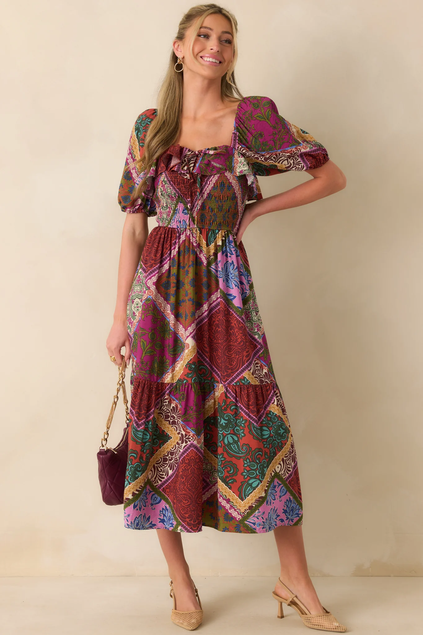 Peace That Lasts Red Multi Patchwork Print Puff Sleeve Midi Dress