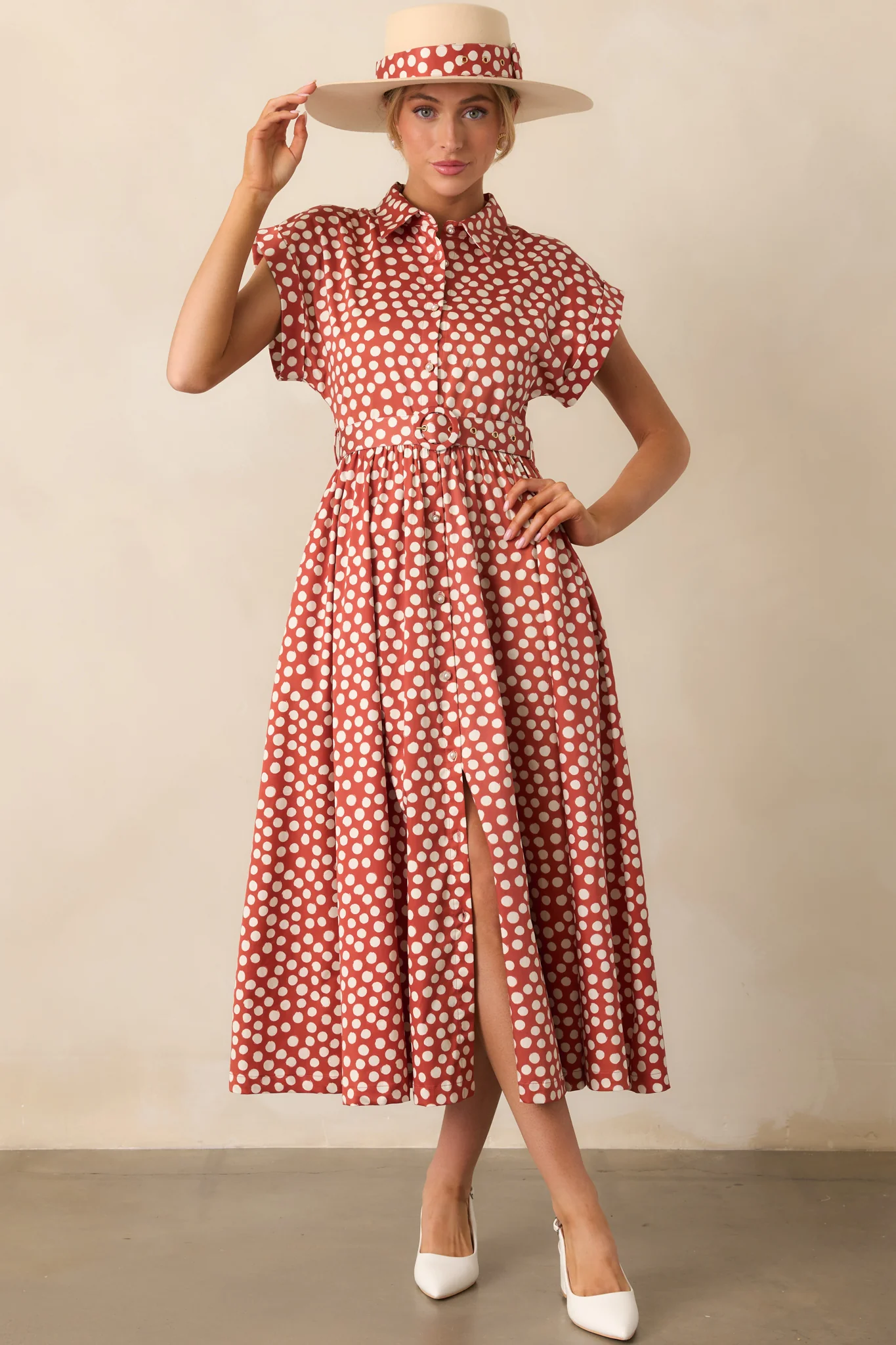 Prosperina Jocelyn Brick Red Polka Dot Cotton Maxi Dress