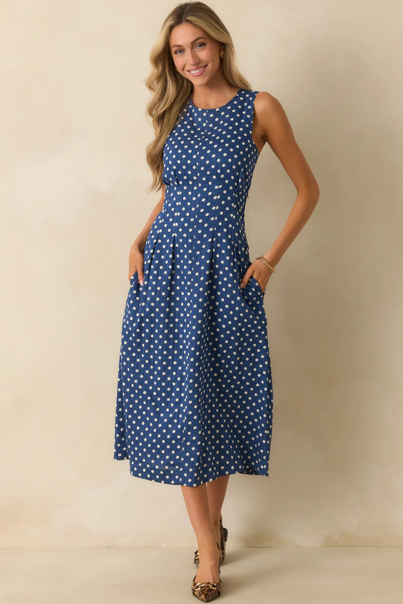 Nothing But Chic Blue Polka Dot Cotton Sleeveless Midi Dress
