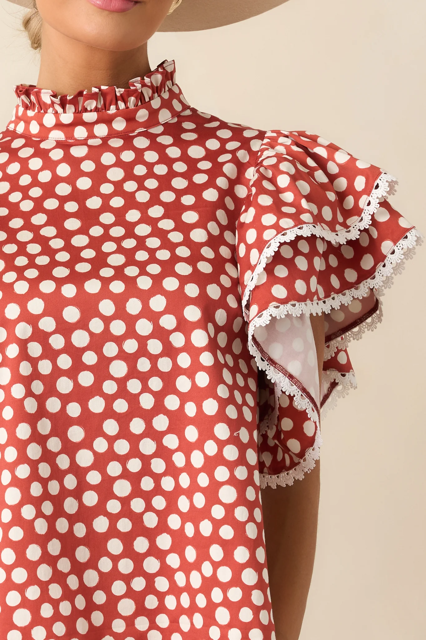 Prosperina Blair Brick Red Polka Dot Cotton Ruffle Top
