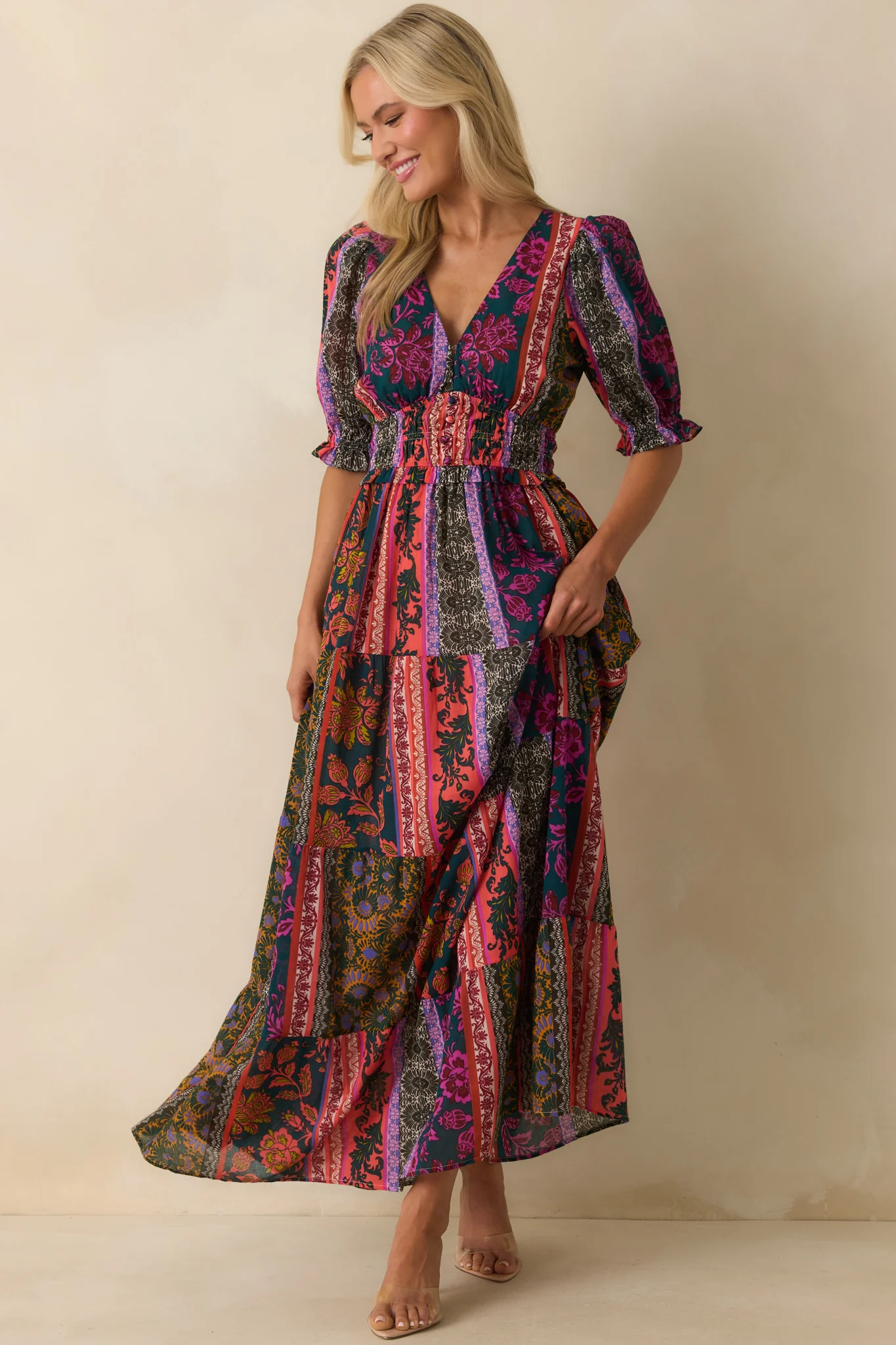 Dream A Little Dark Teal Multi Patchwork Print Cotton Maxi Dress