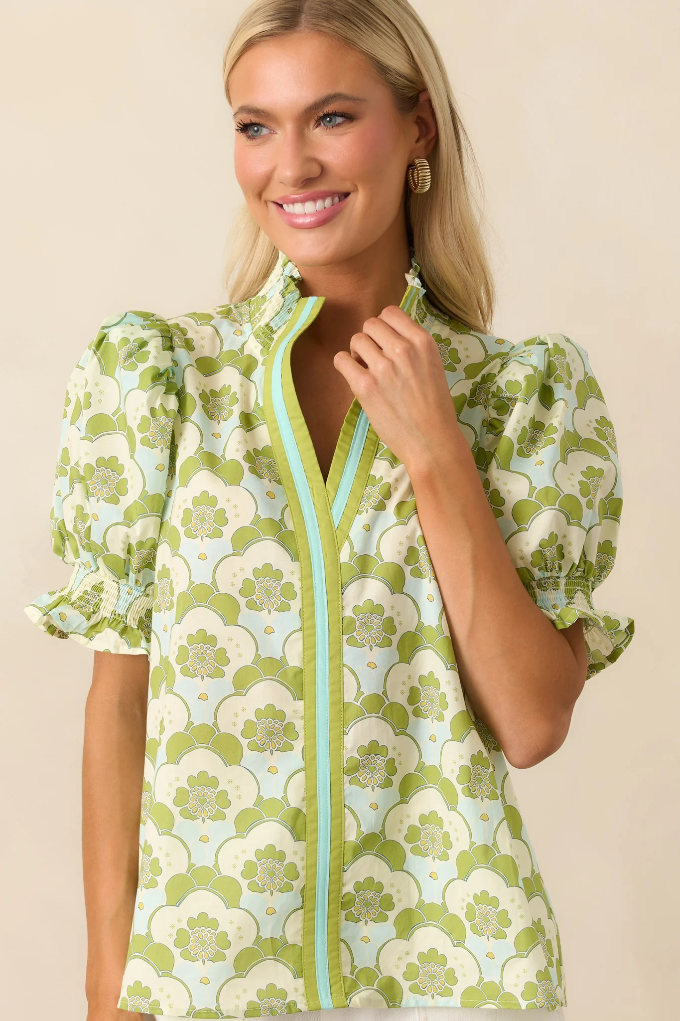 On The Up & Up Chartreuse Abstract Floral Cotton Puff Sleeve Top