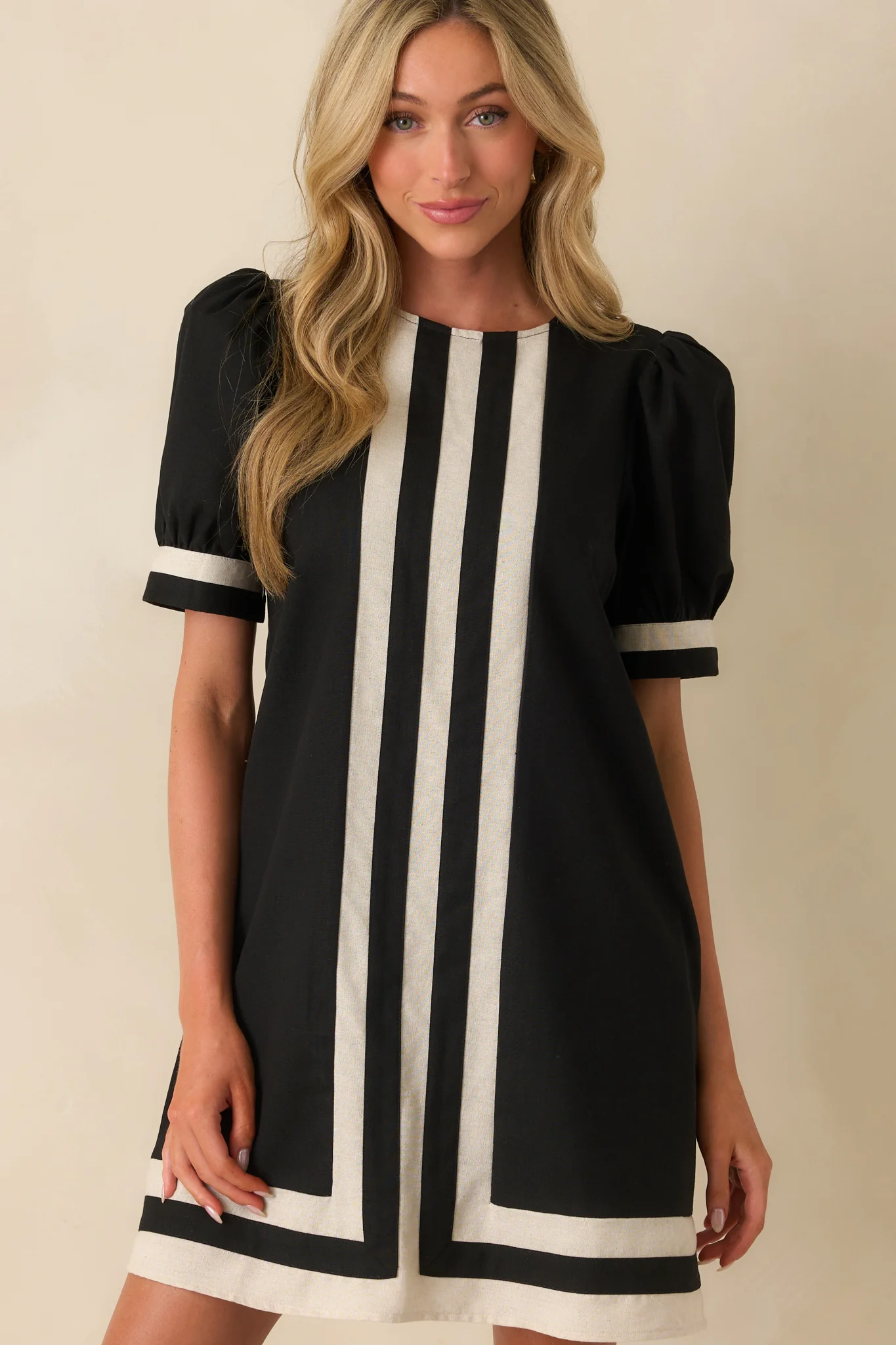 Here For This Black Linen Blend Contrast Trim Mini Dress
