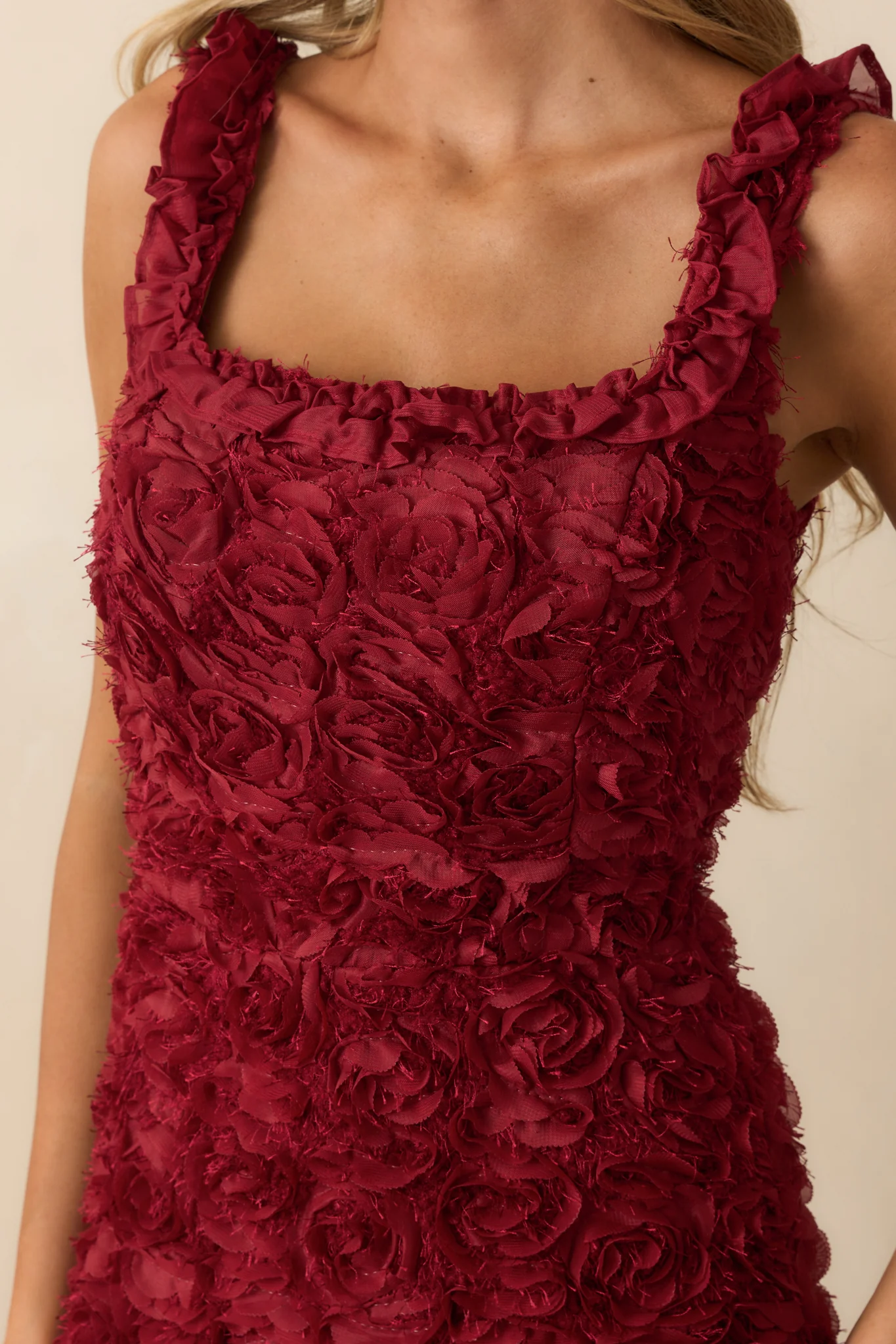Wine Red Floral Applique Maxi Dress