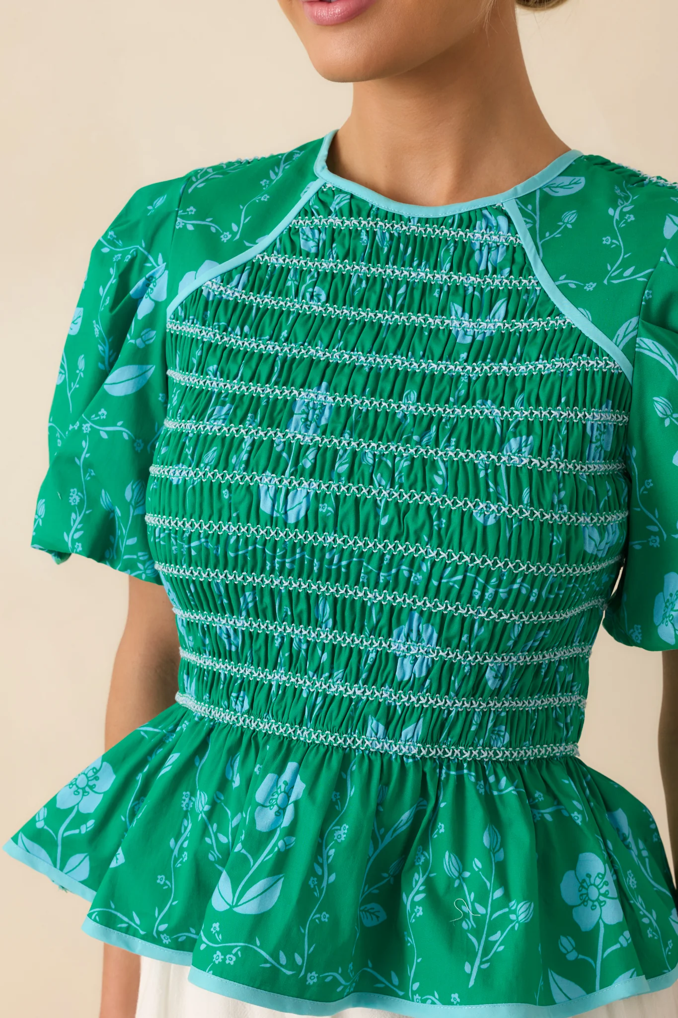 Here And There Kelly Green Floral Print Cotton Peplum Top