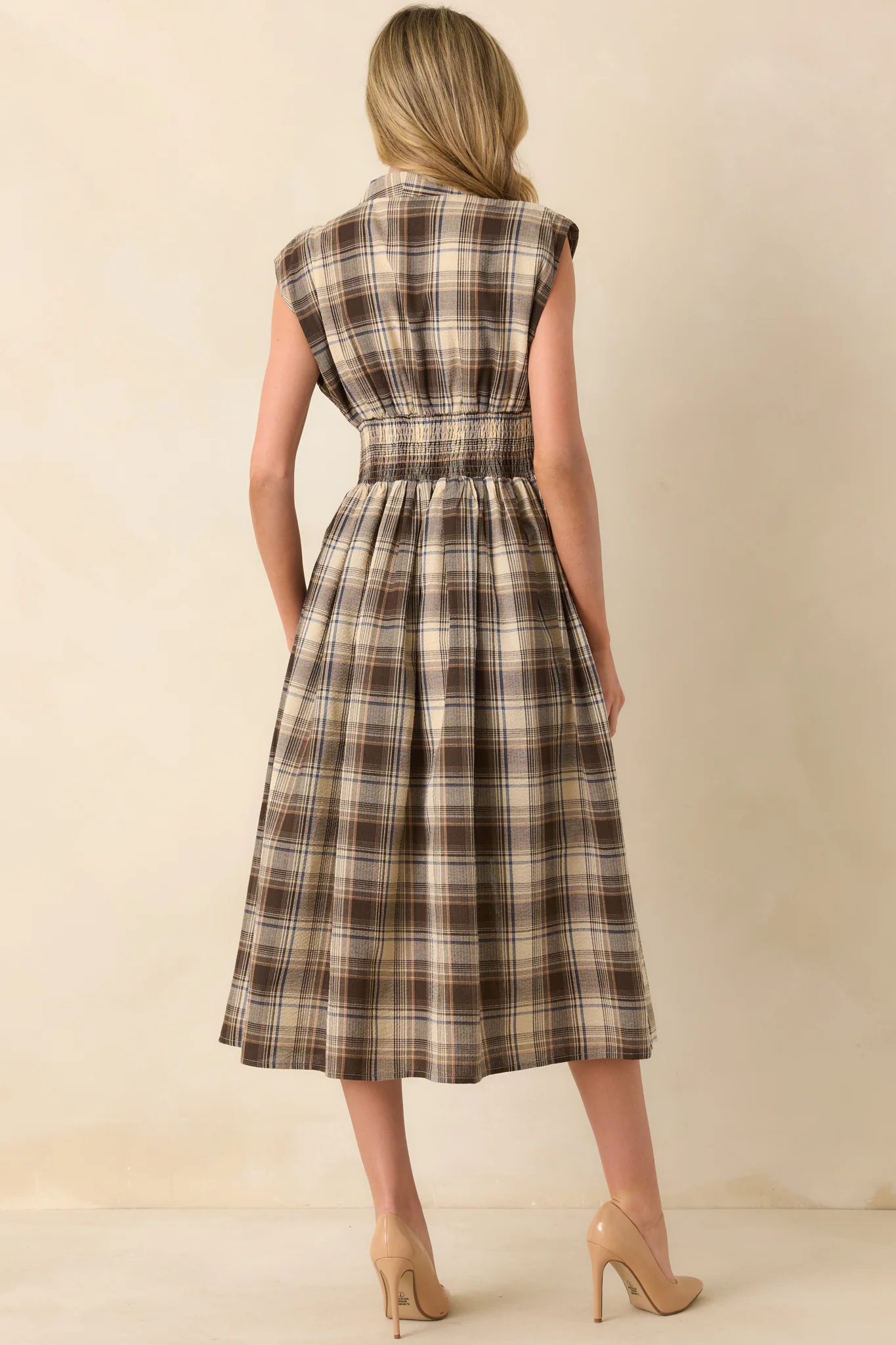 The Evette Mocha Brown Tartan Plaid Cotton Zip Front Midi Dress