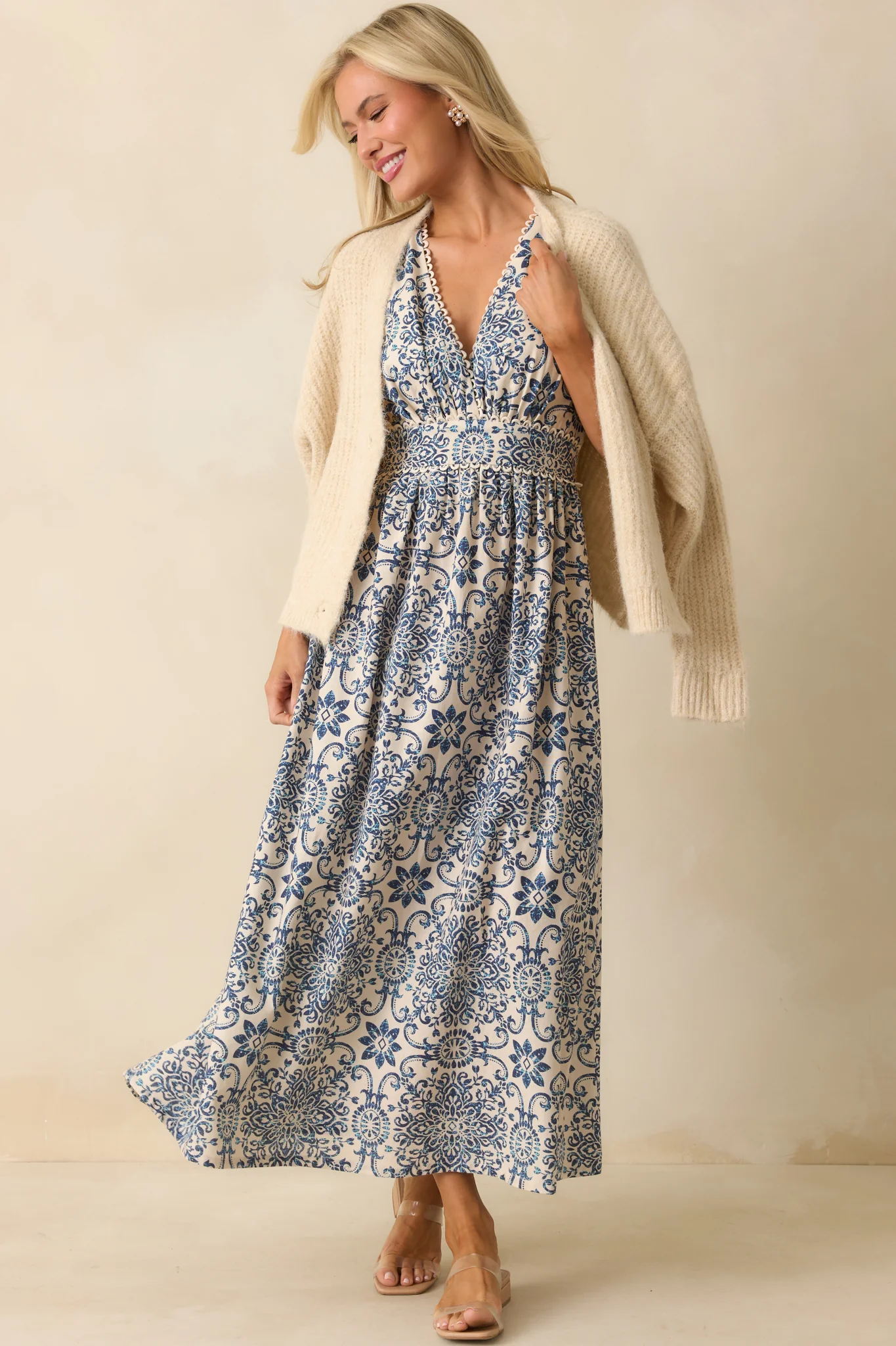 A Lovely Escape Blue Tile Print Linen Blend Sleeveless Maxi Dress