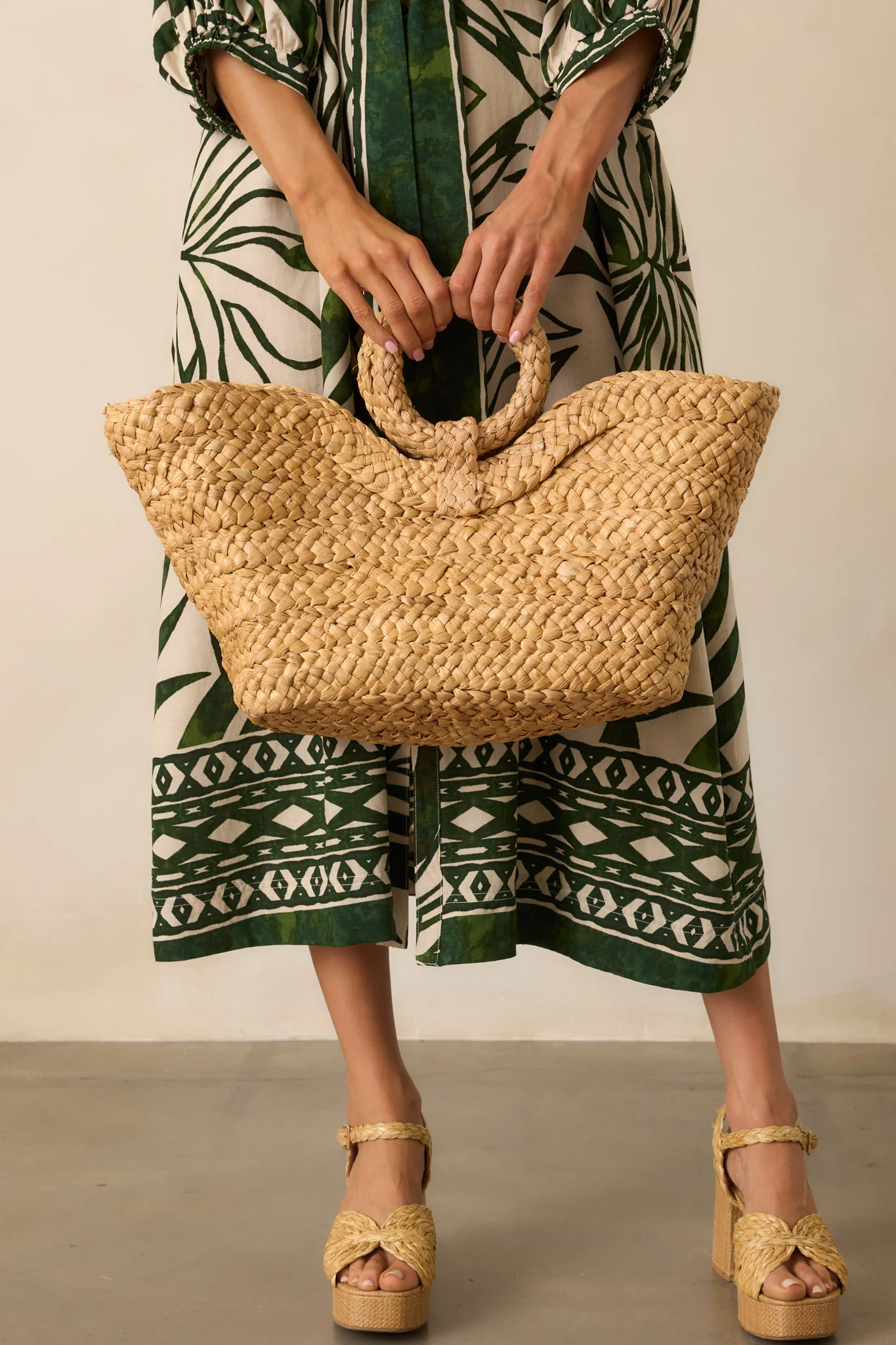 Stop And Smell The Roses Tan Raffia Woven Tote Handbag