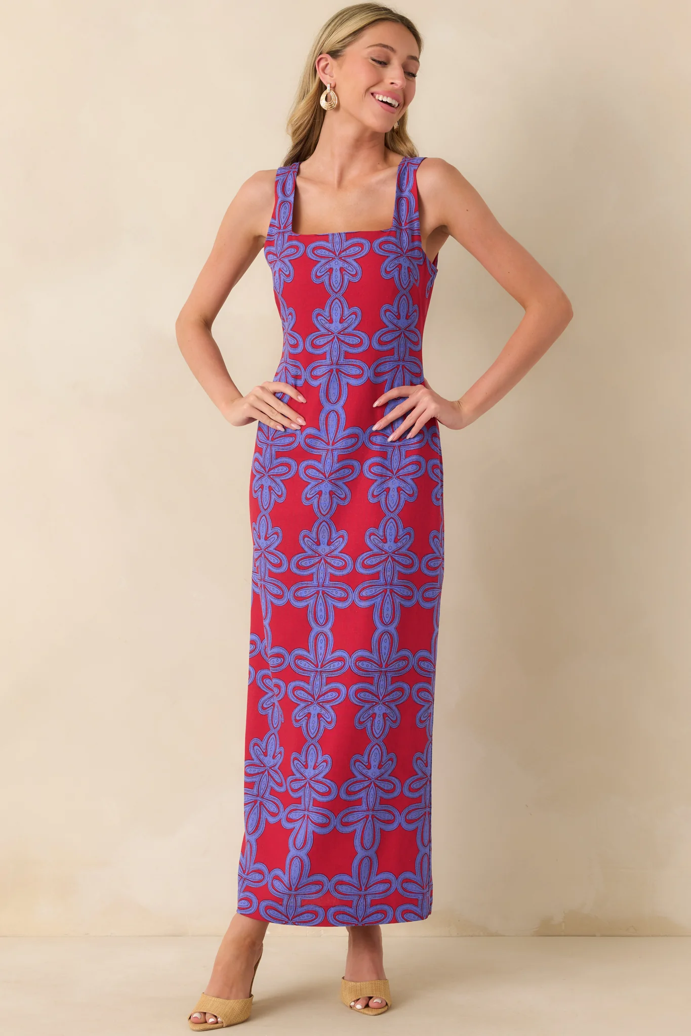 I'm Blushing Red Multi Geometric Print Linen Blend Maxi Dress