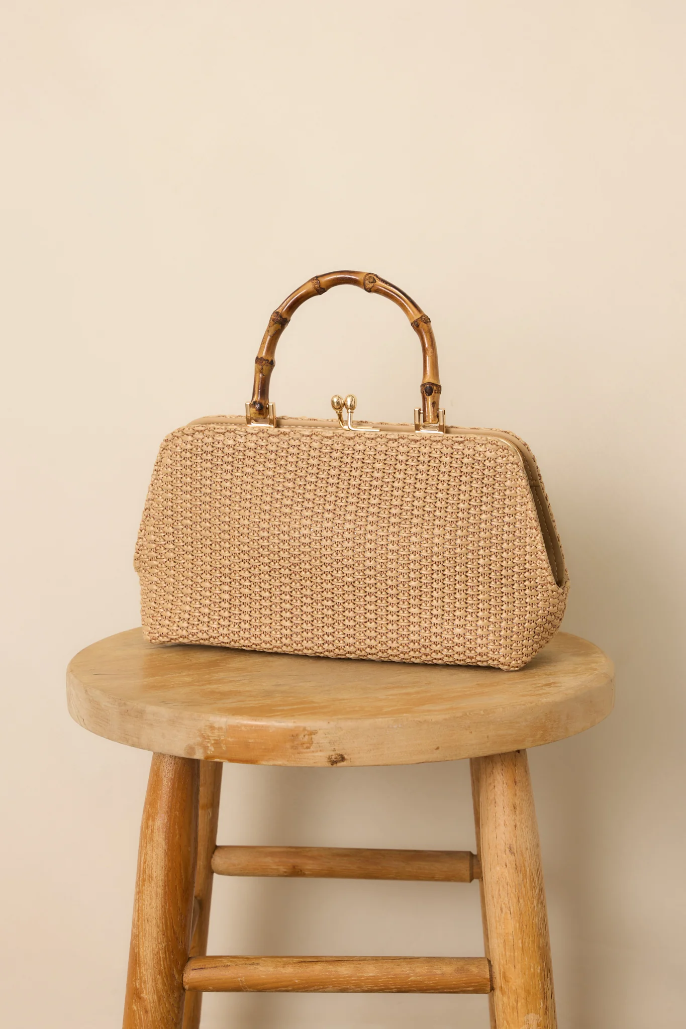 Finding Paradise Tan Bamboo Handle Woven Handbag