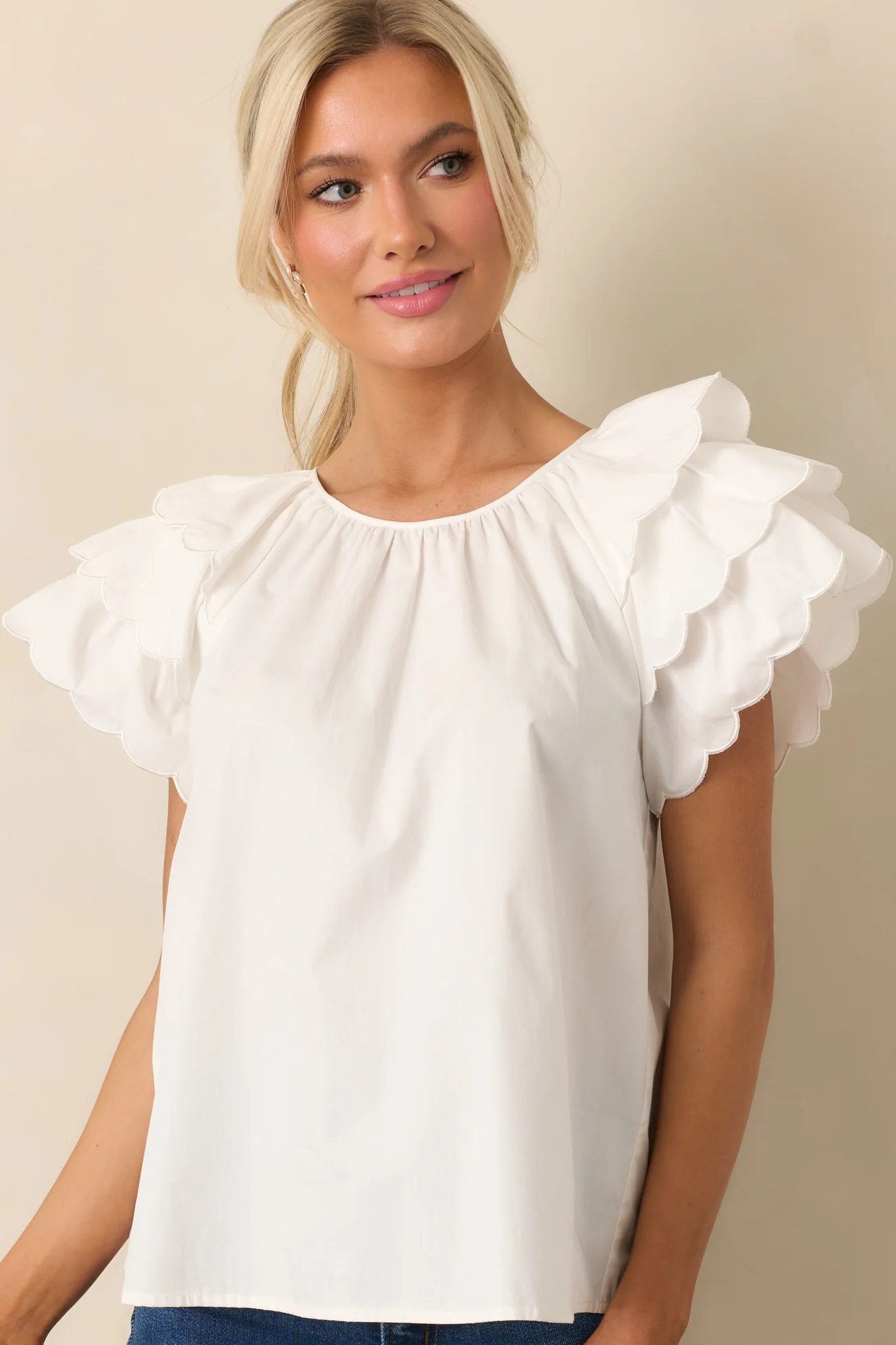 Bianca White Cotton Embroidered Scallop Top