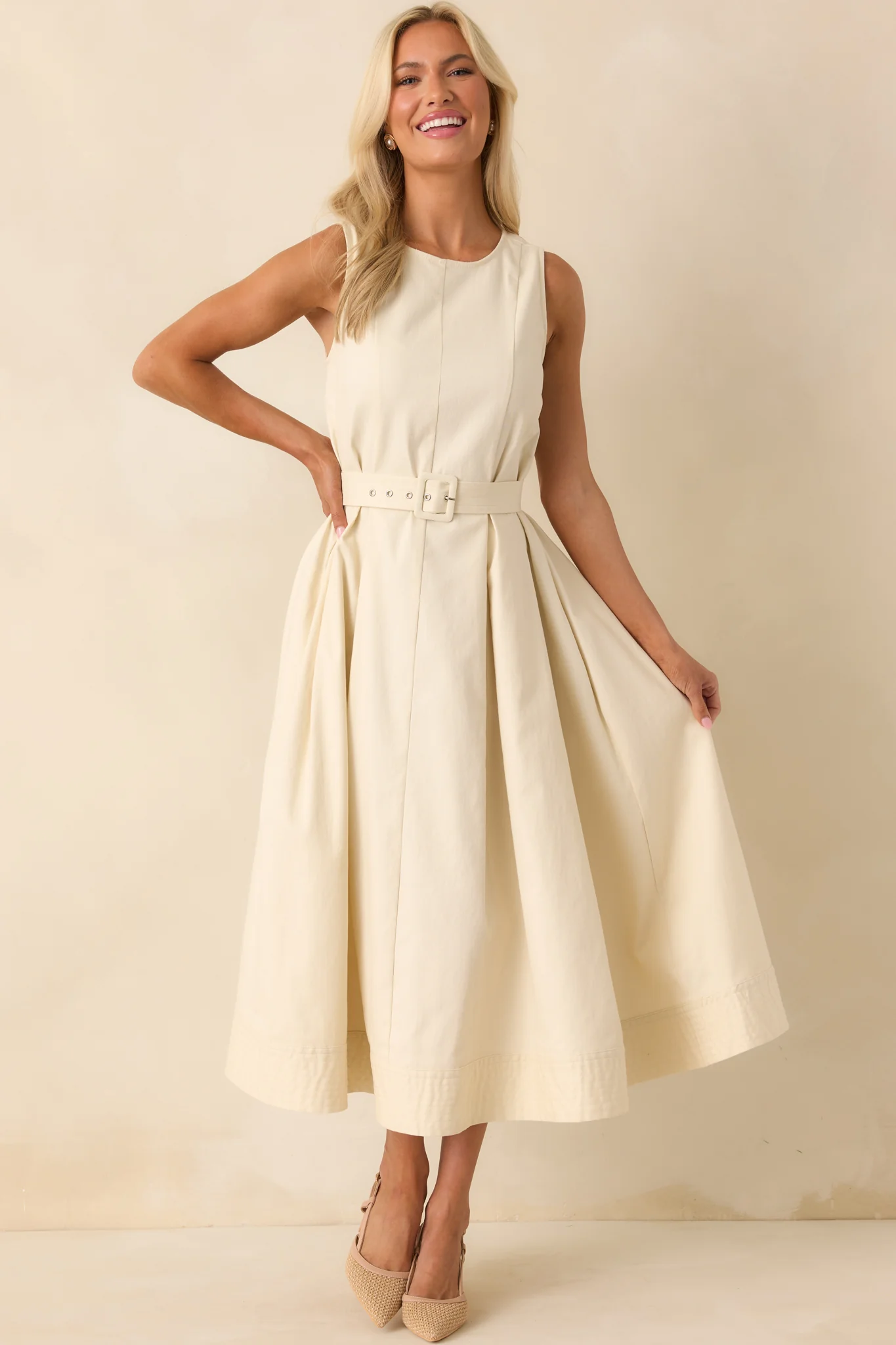 Young At Heart Ecru Belted Sleeveless Maxi Dress