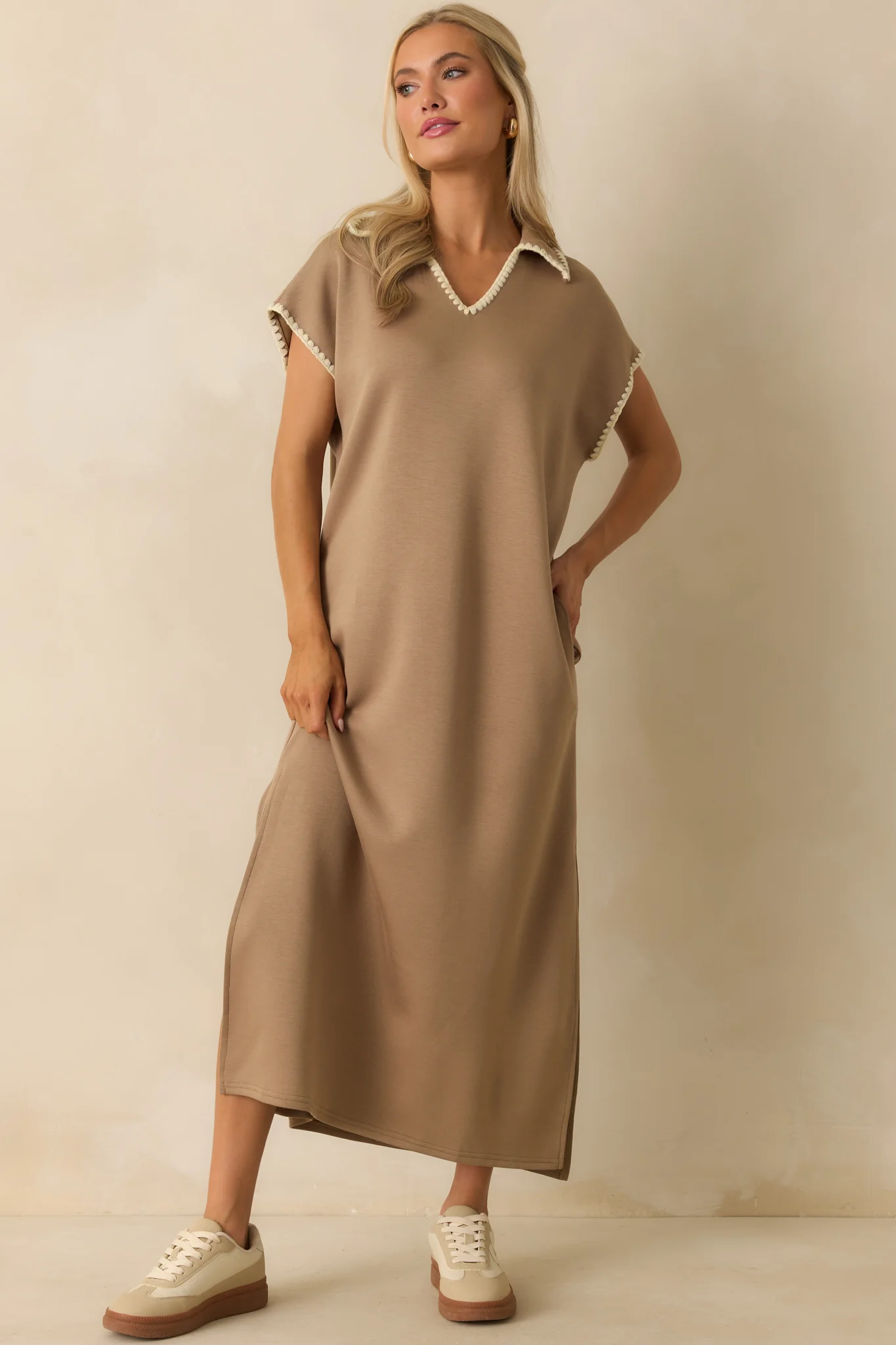 All To Yourself Tan Contrast Trim Polo Maxi Dress