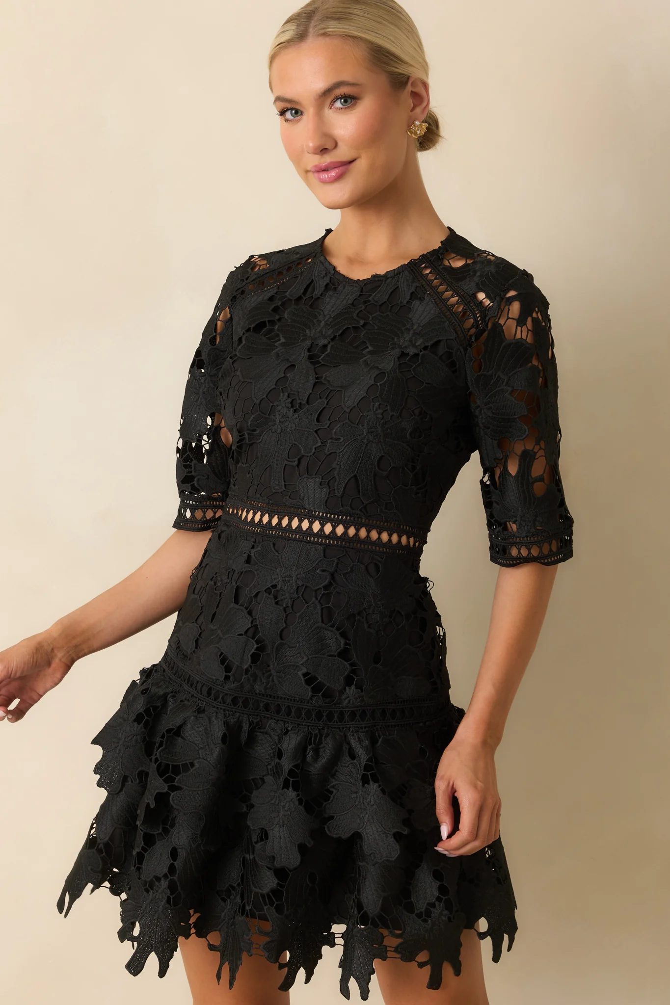 No Compromise Black Floral Guipure Lace Scallop Hem Mini Dress