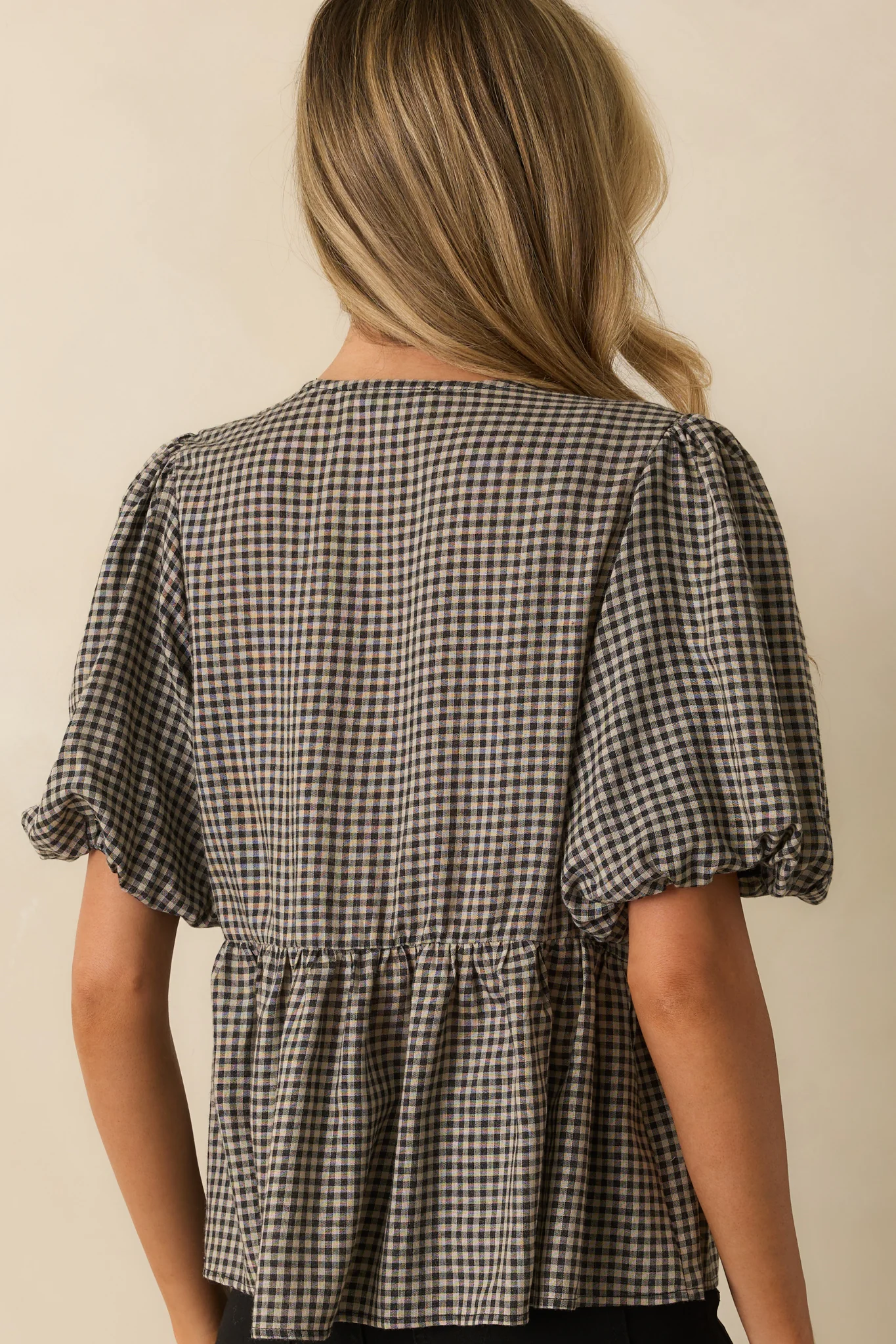 All That I Know Black Gingham Floral Print Puff Sleeve Peplum Top