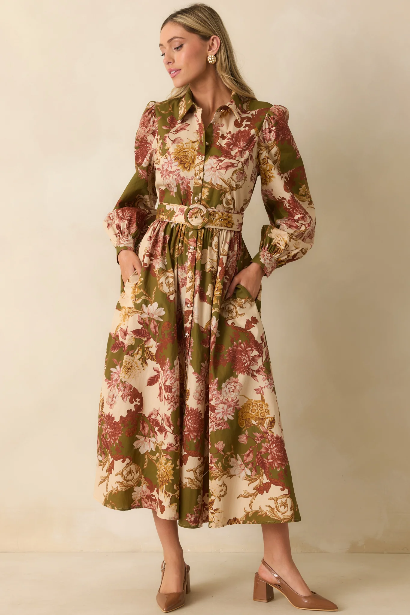 In The Works Olive Green Multi Floral Print Cotton Maxi Dress
