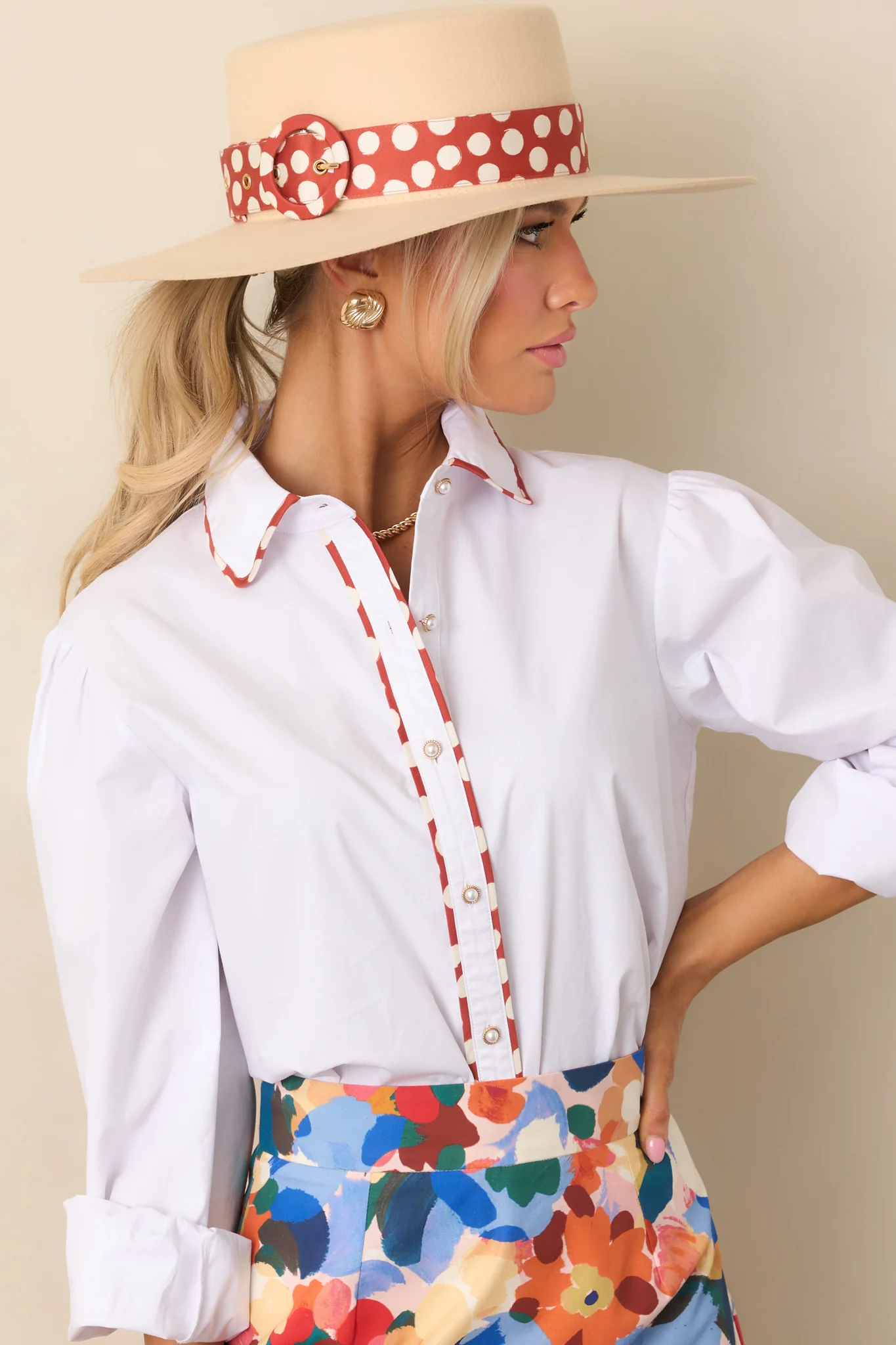 Prosperina Vivian White Cotton Contrast Trim Top