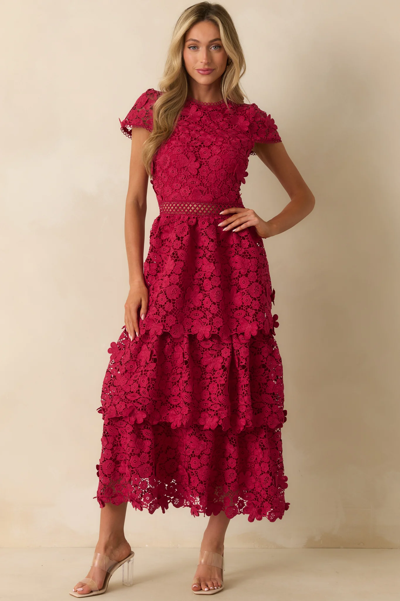 A Matter Of Time Red Floral Guipure Lace Tiered Maxi Dress