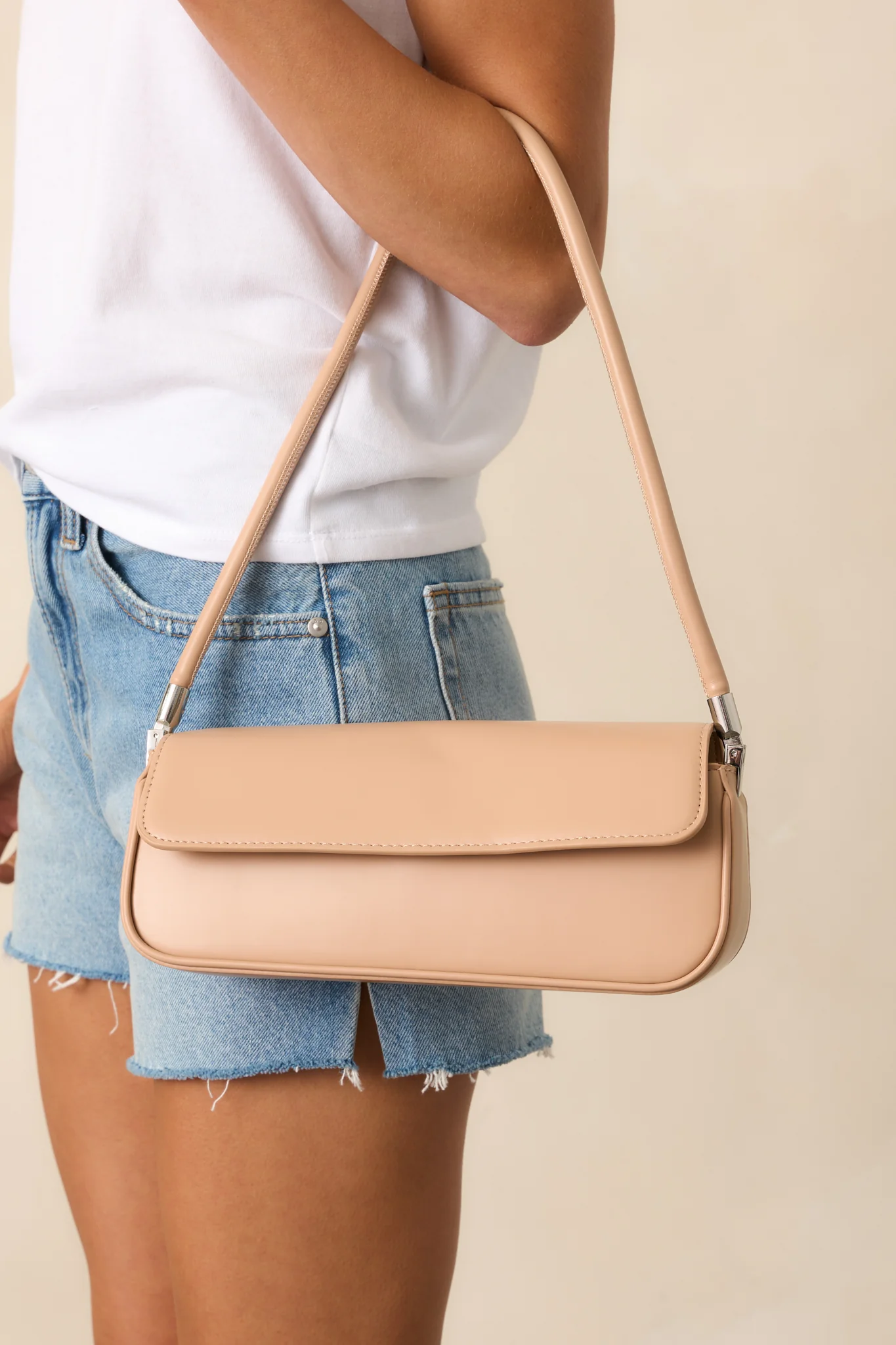 New York Nights Tan Faux Leather Baguette Handbag