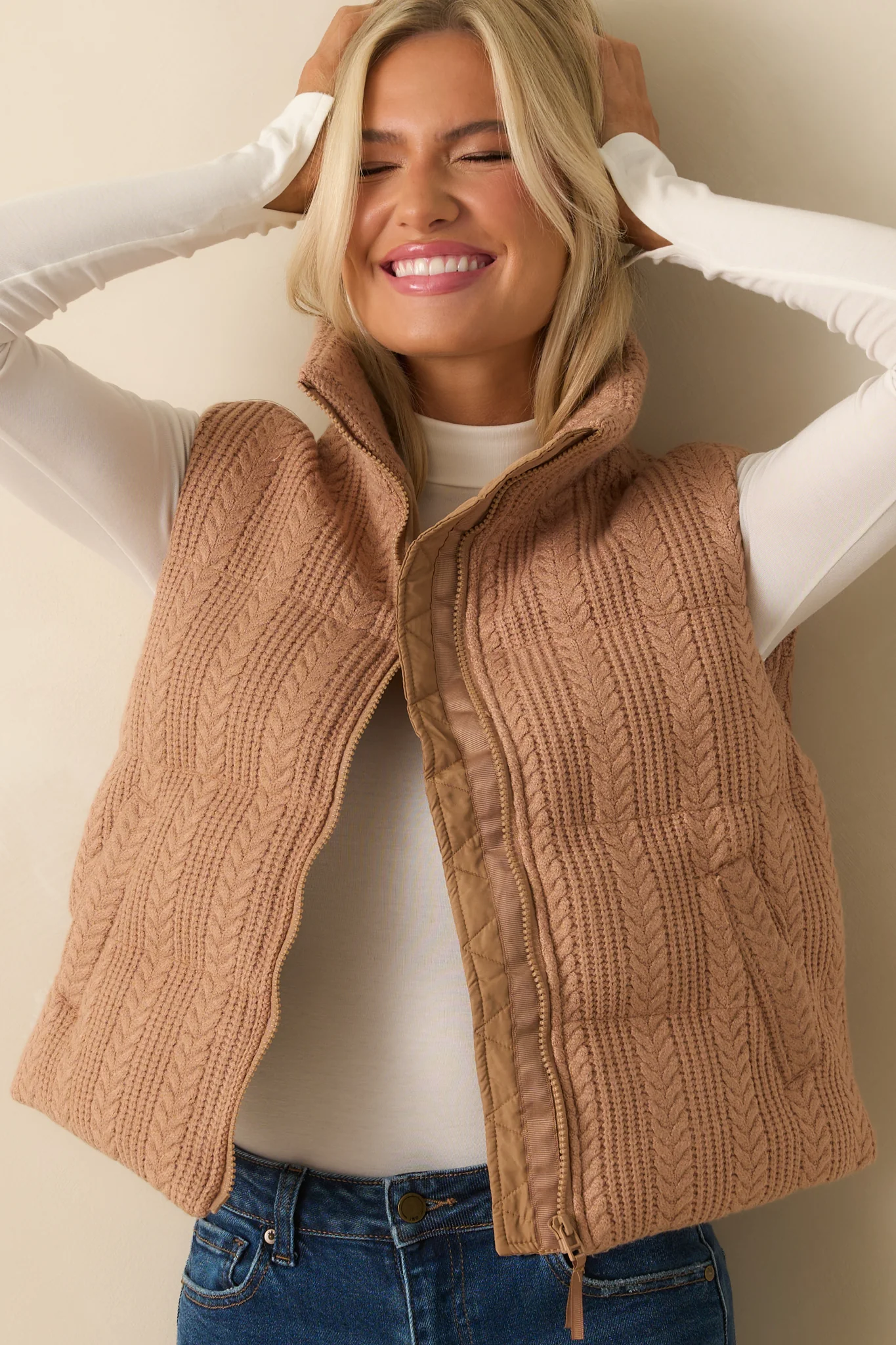 Thread & Supply Stormi Camel Brown Cable Knit Puffer Vest