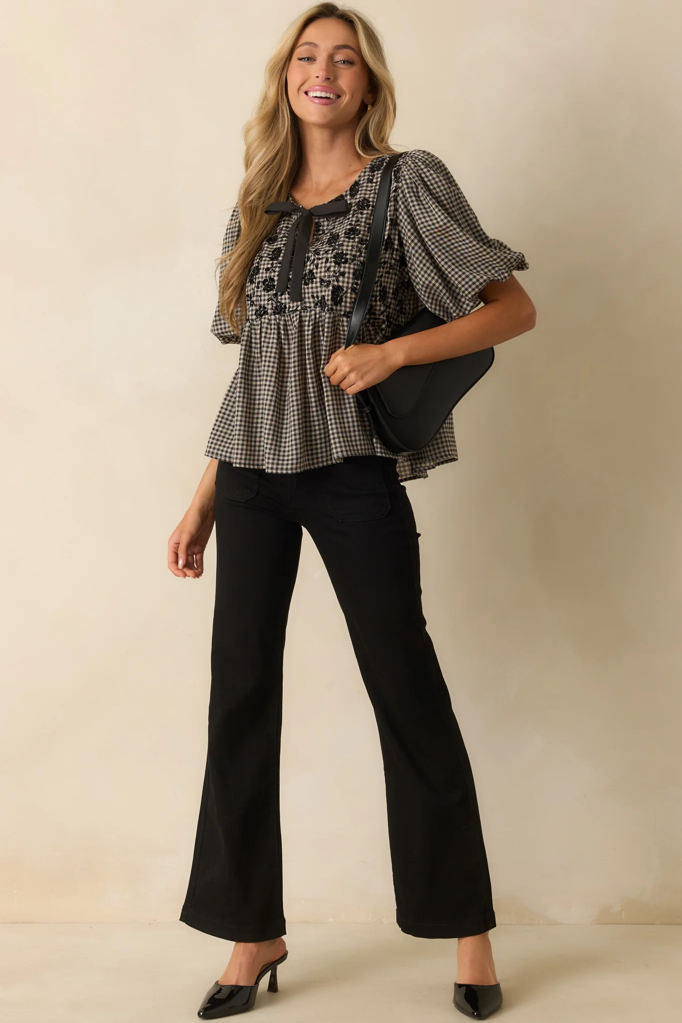 All That I Know Black Gingham Floral Print Puff Sleeve Peplum Top