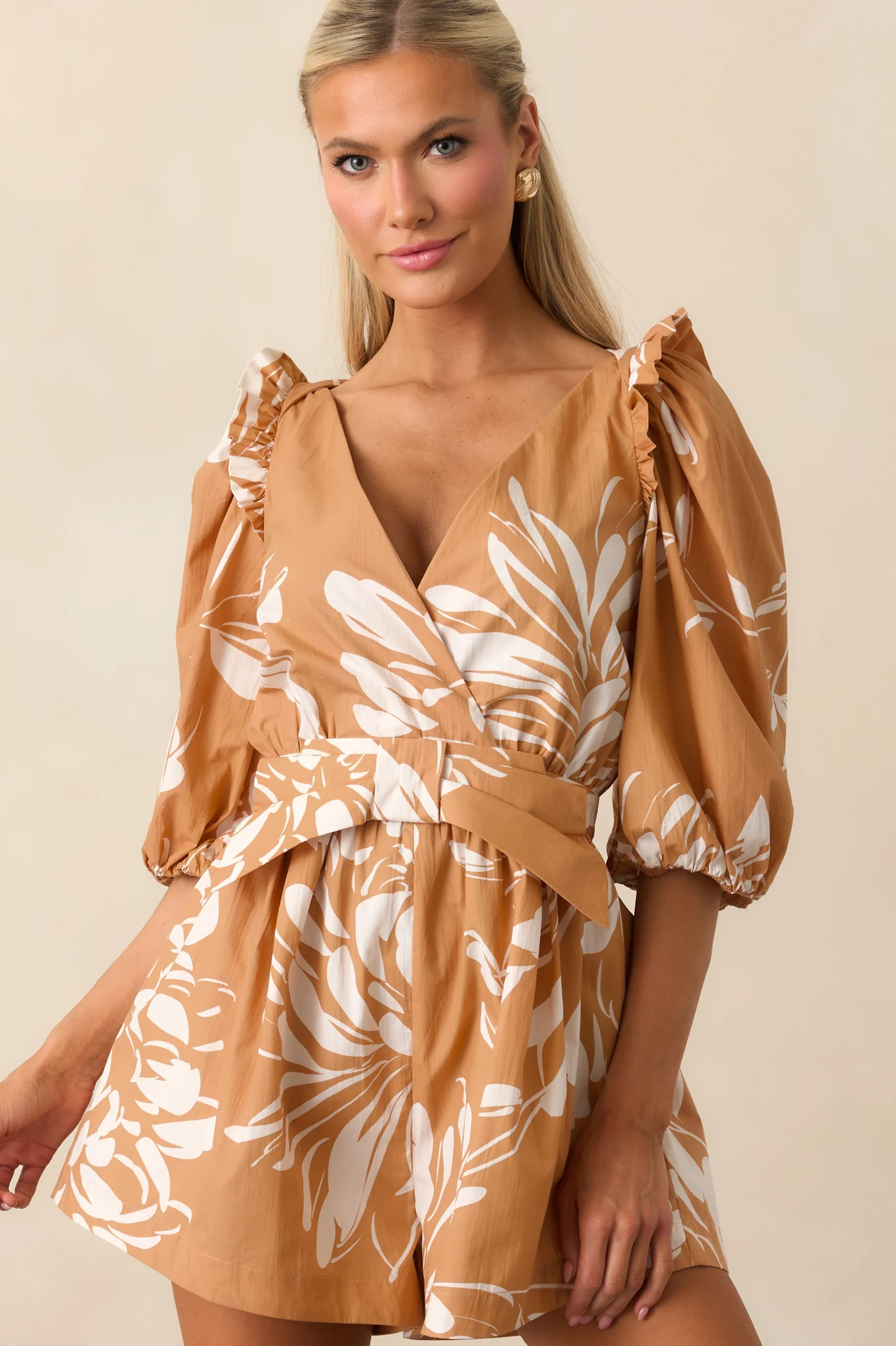 Fawn Brown Multi Floral Print Cotton Romper