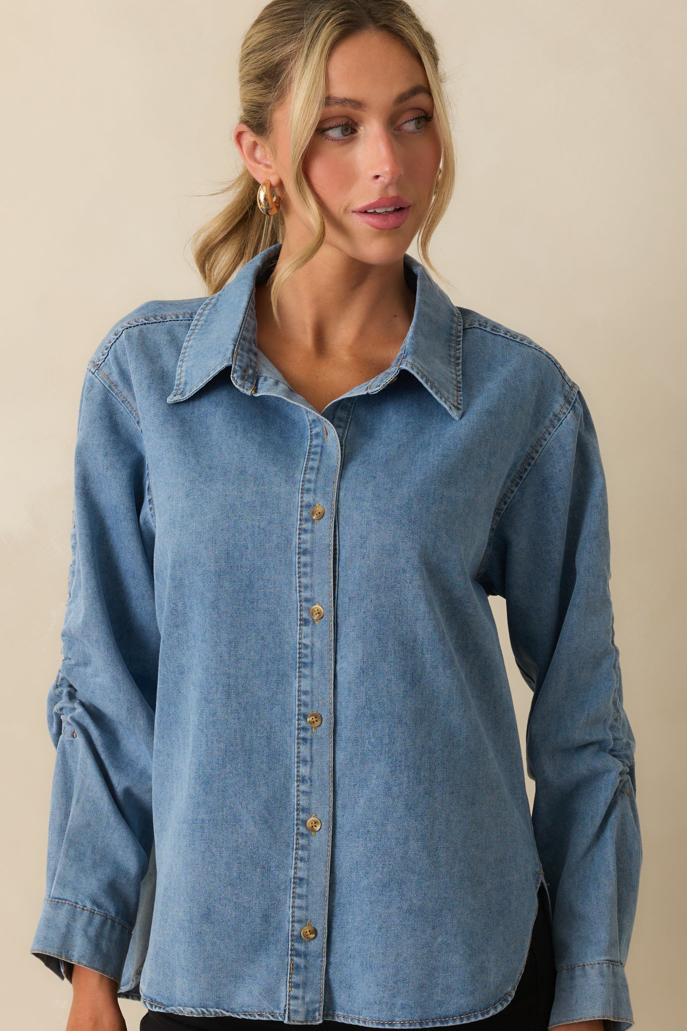 Through Every Change Light Wash Cotton Denim Button Up Top