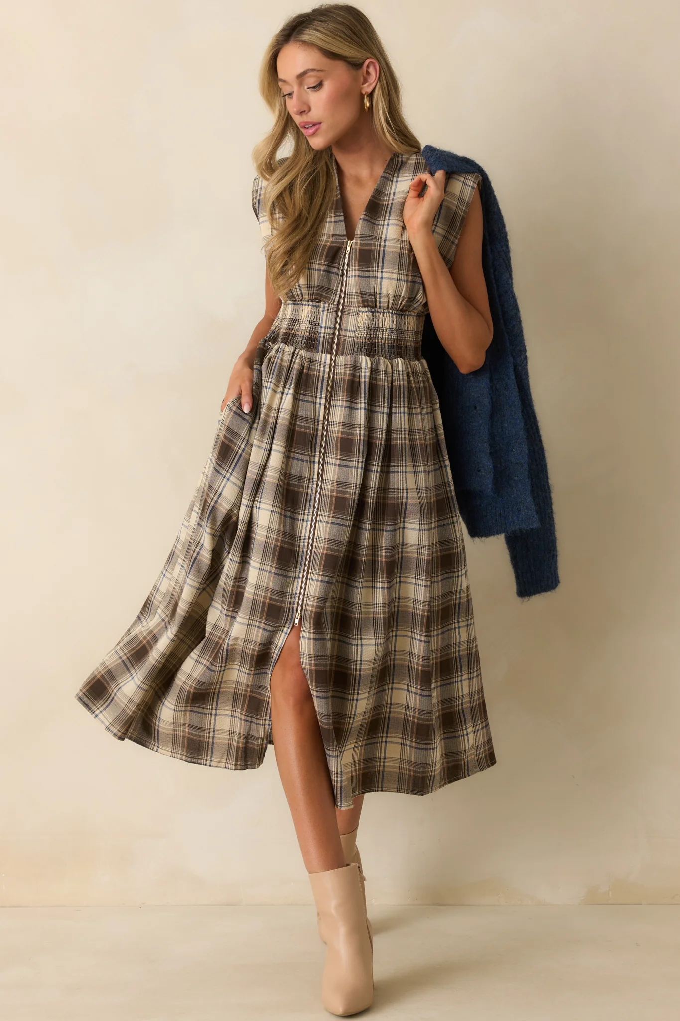 The Evette Mocha Brown Tartan Plaid Cotton Zip Front Midi Dress