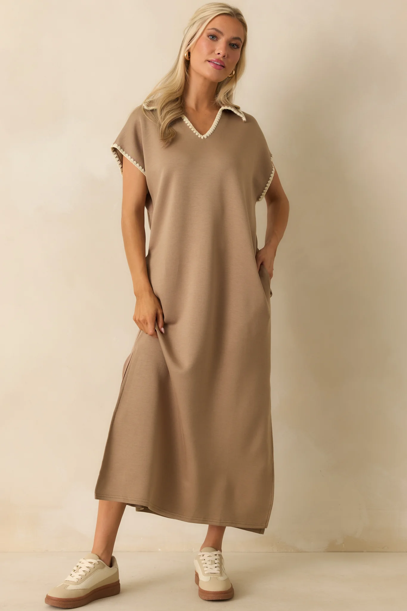 All To Yourself Tan Contrast Trim Polo Maxi Dress